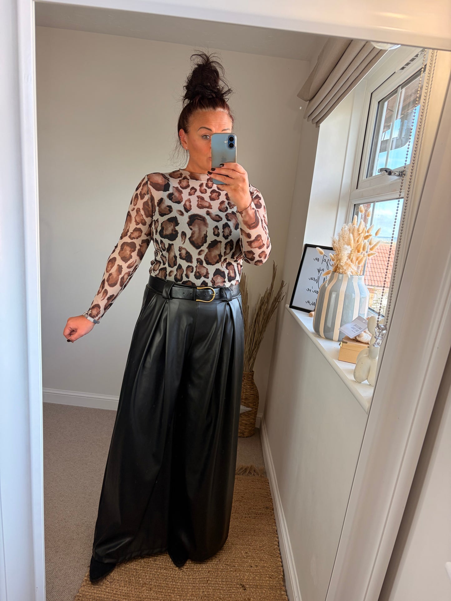 Wide Leg Faux Leather Trousers - Black