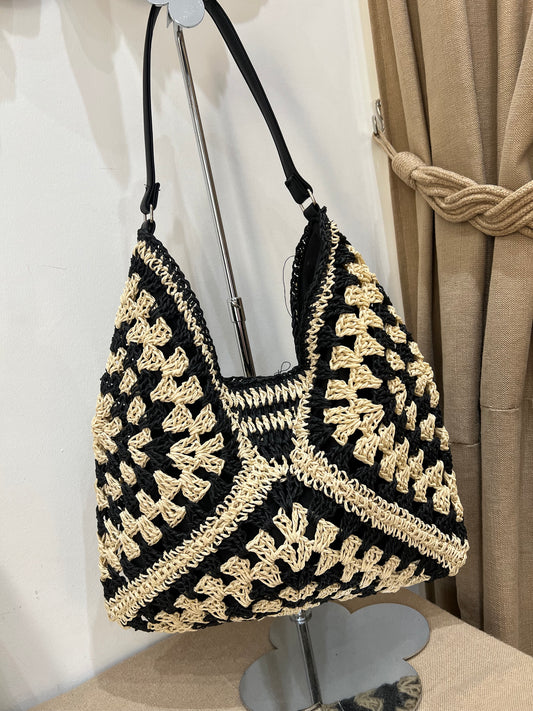 Straw Two Tone Bag - Black