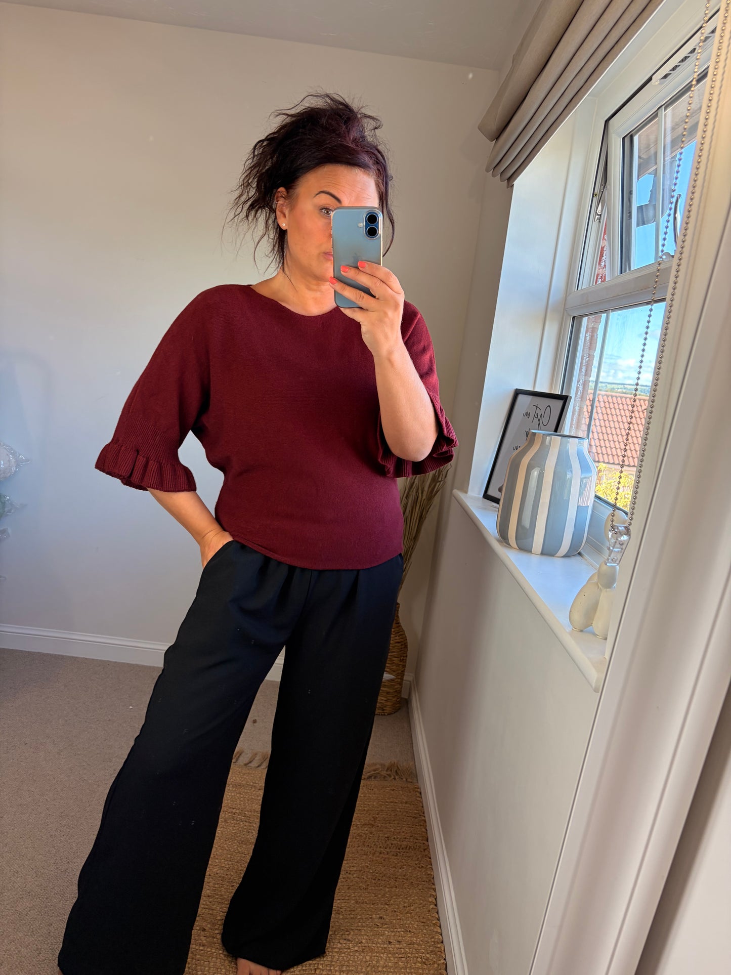 Flute Sleeve Jumper - Wine