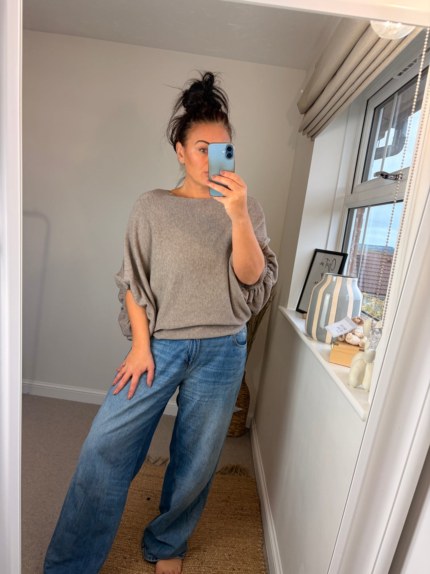 Button Back Batwing Fine Knit Jumper - Oatmeal