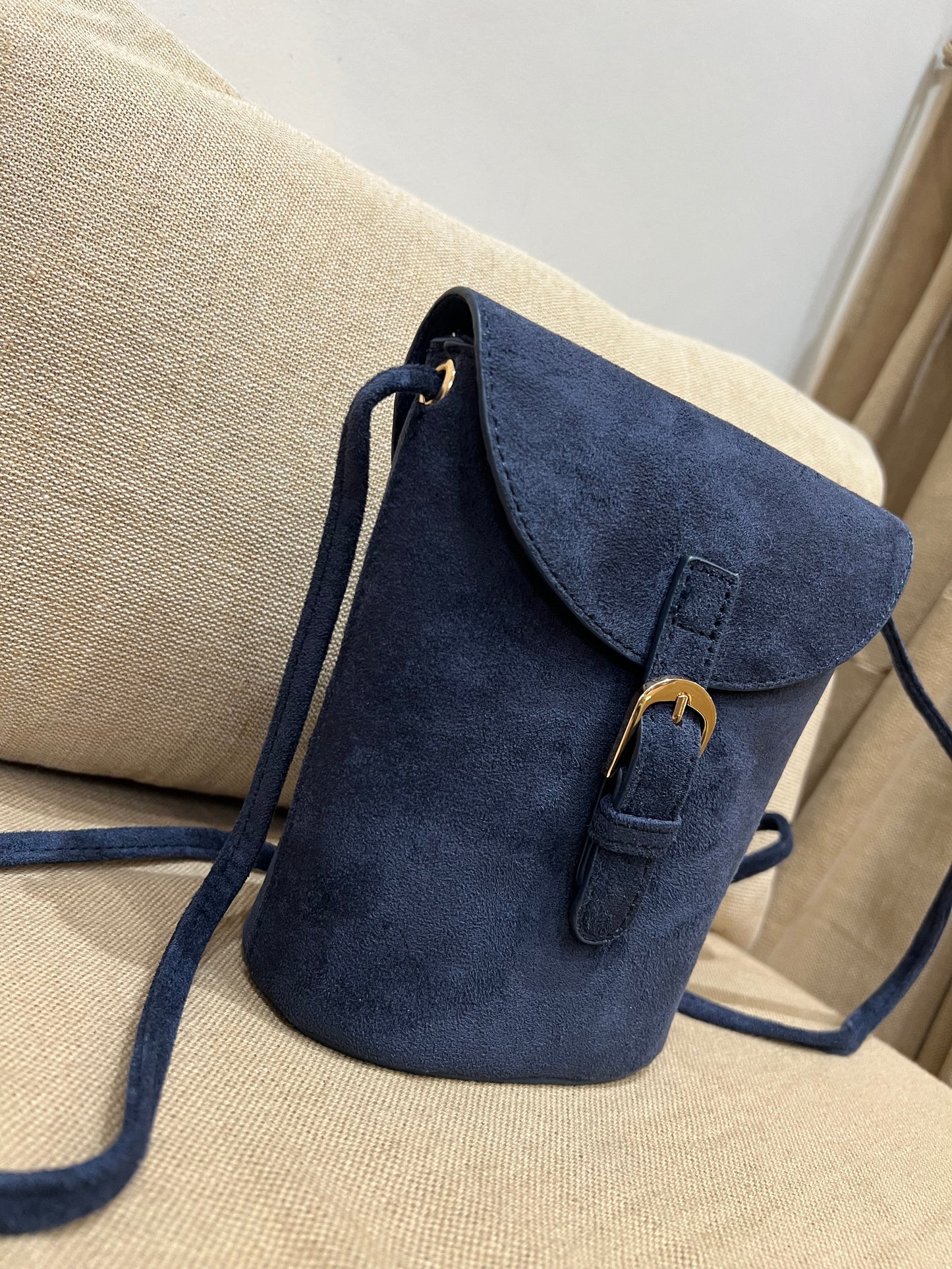 Faux Suede Bucket Crossbody Bag - Navy