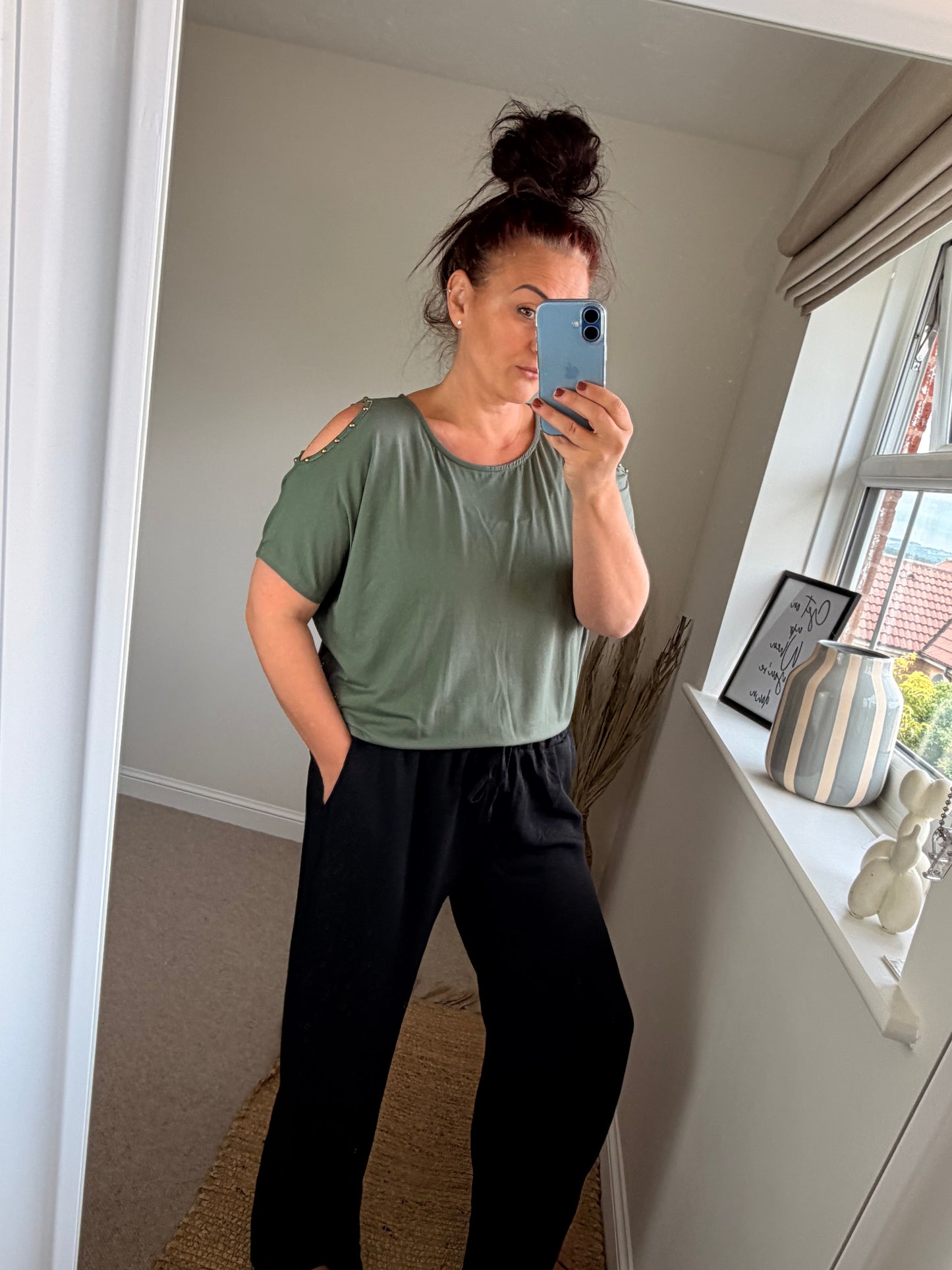 Cold Shoulder Studded Top - Khaki