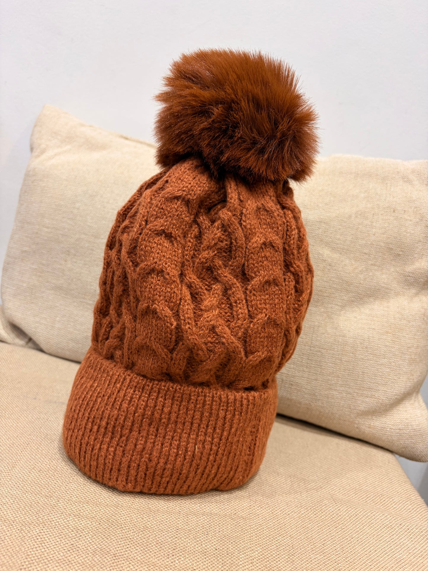 Fleece Lined Pom Pom Hat - Rust