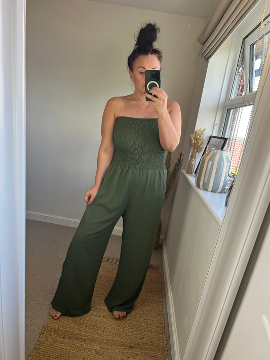Shirred Strapless Jumpsuit - Khaki