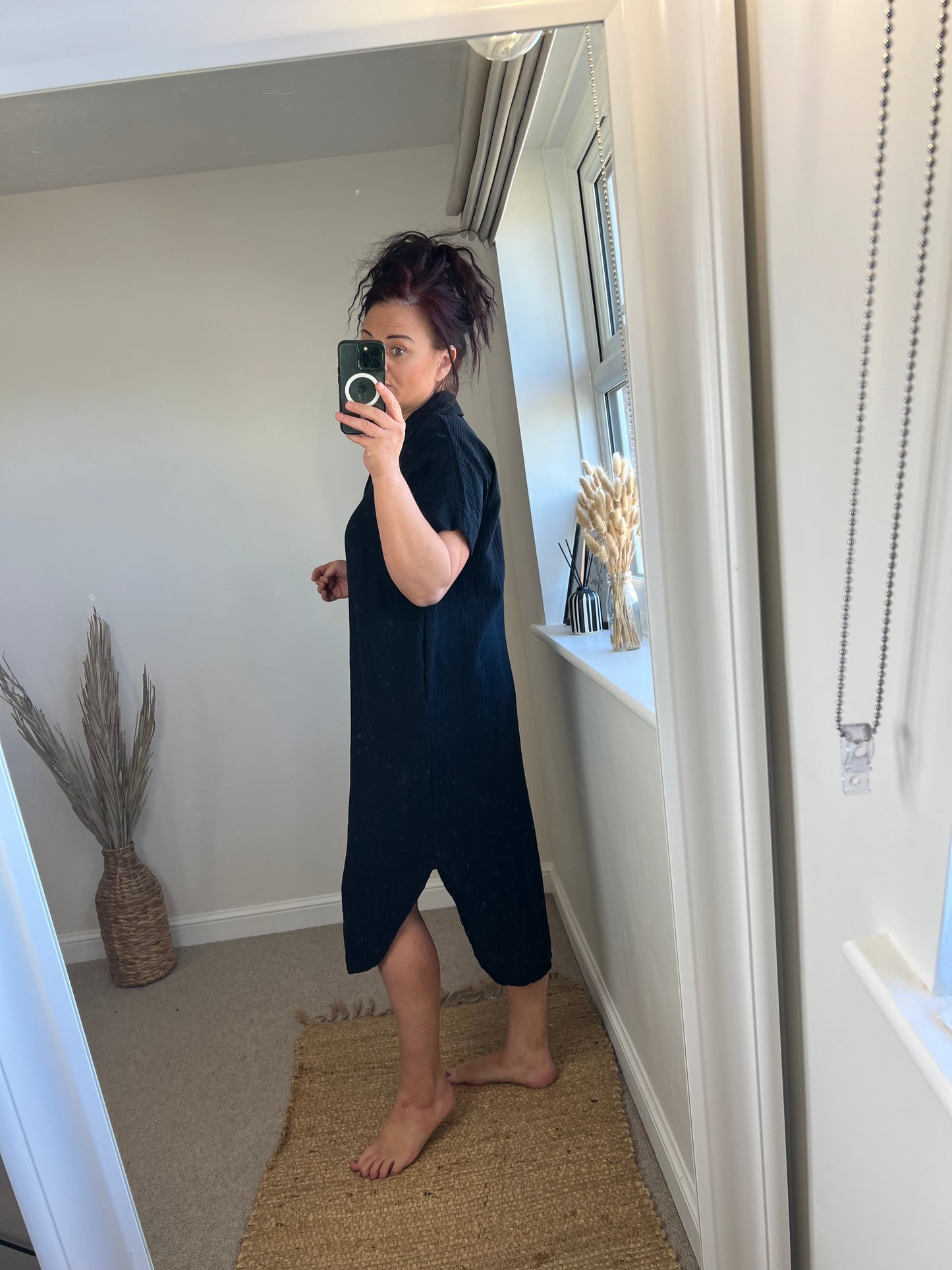 Crinkle Cotton Tunic Dress - Black
