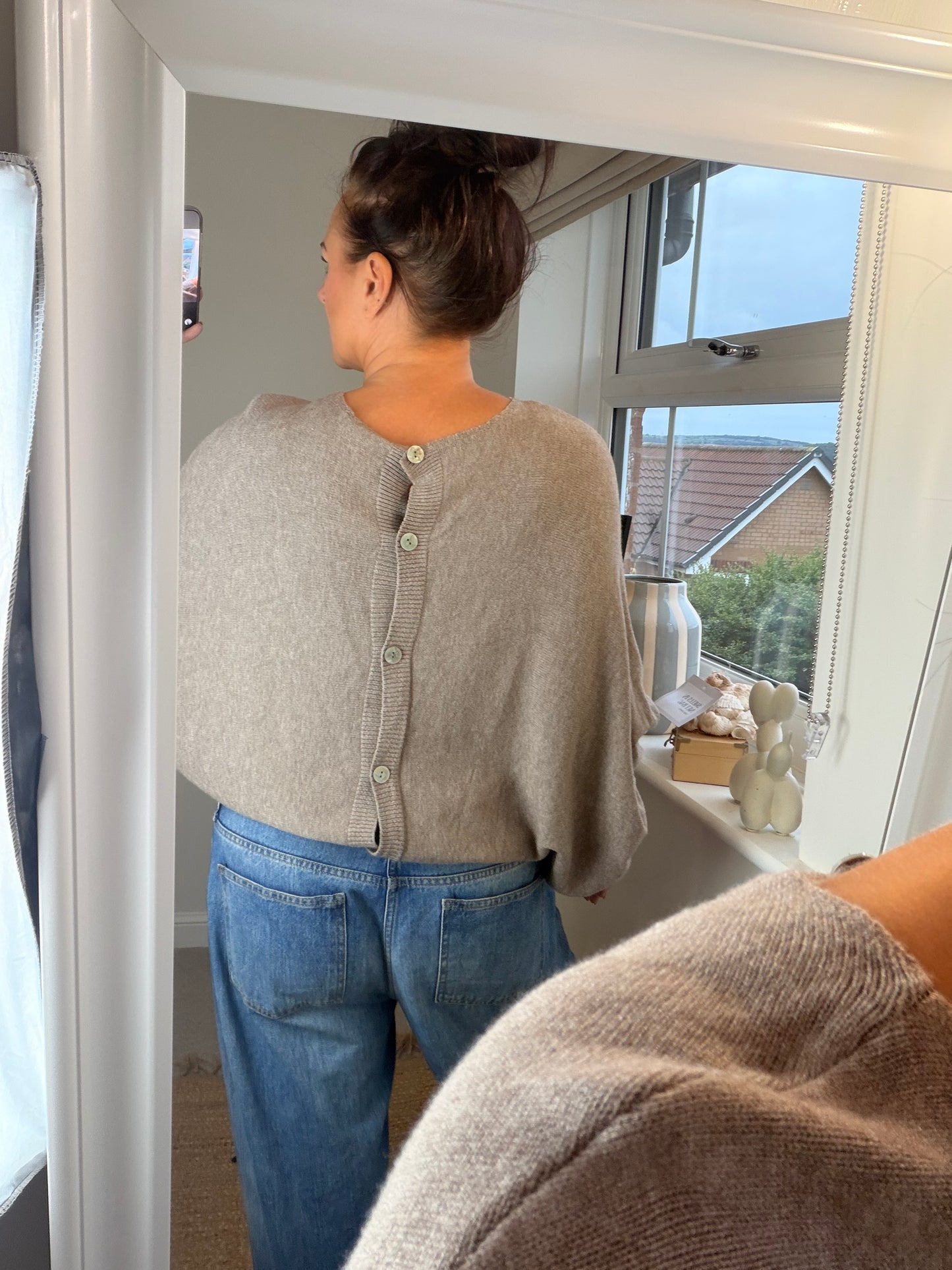 Button Back Batwing Fine Knit Jumper - Oatmeal