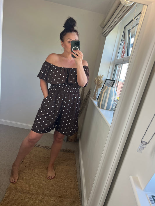 Shirred Waist Playsuit - Spotty Chocolate