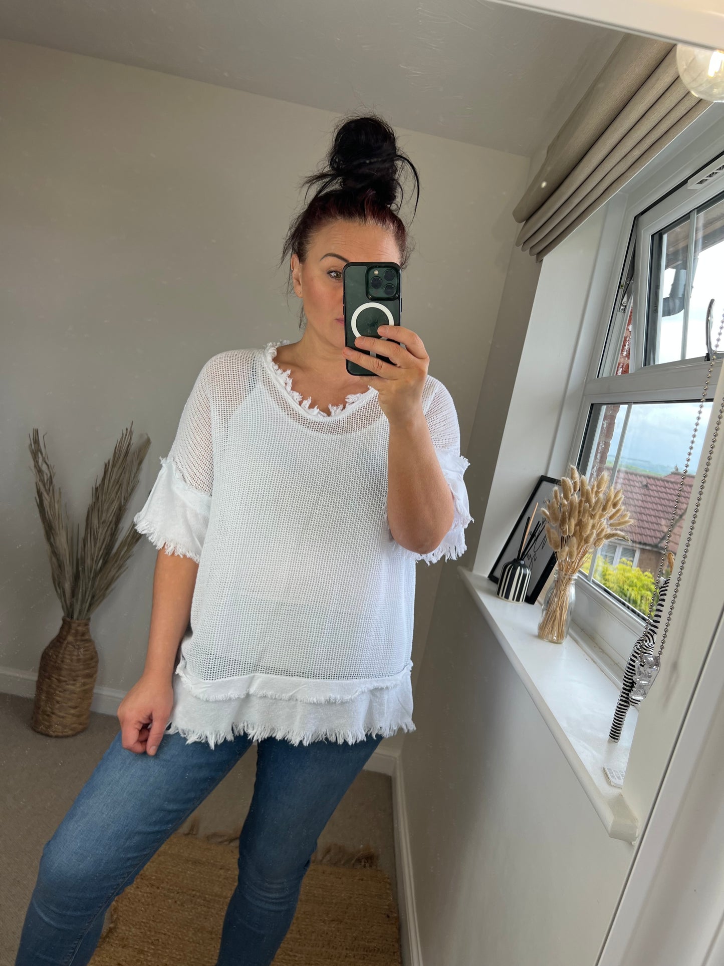 Raw Edge Mesh Top - White