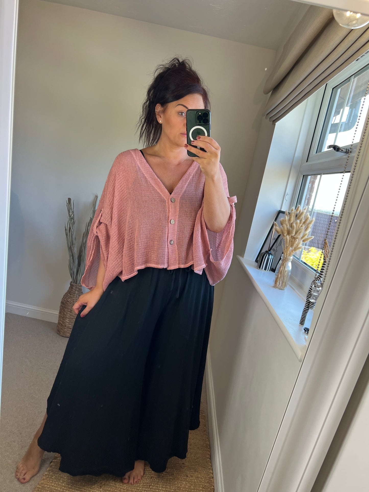 Waffle Button Top - Dusky Pink