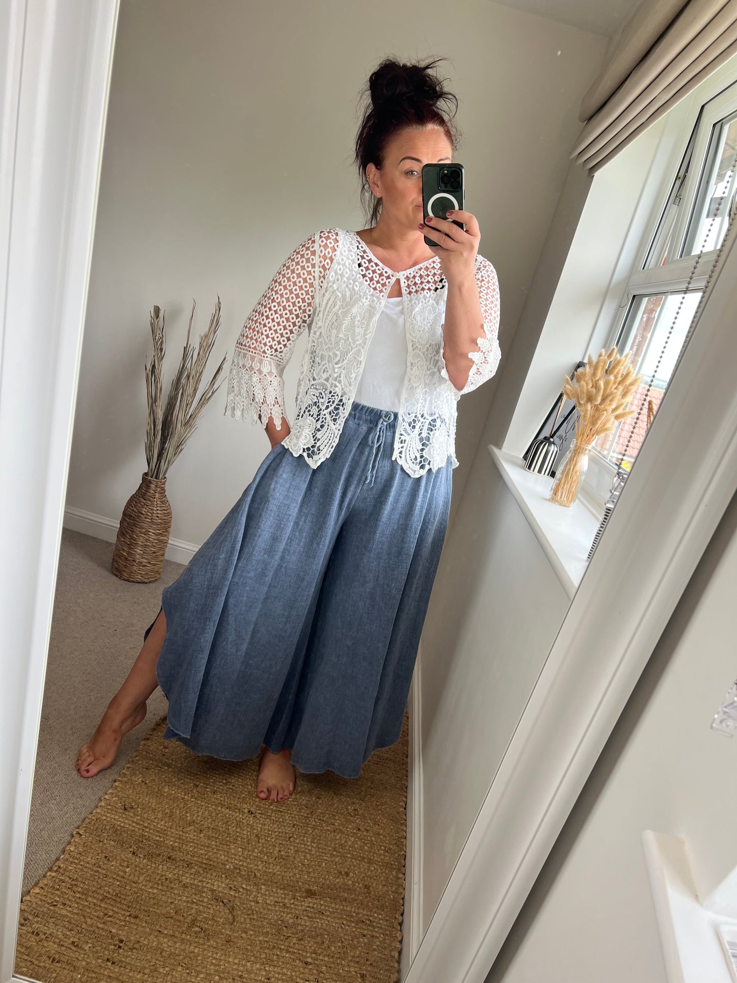 Linen Mix Floaty Trousers - Denim Blue