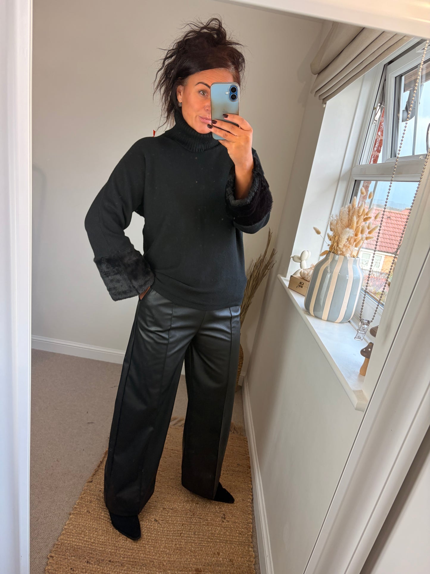 Faux Fur Cuffed Jumper - Black
