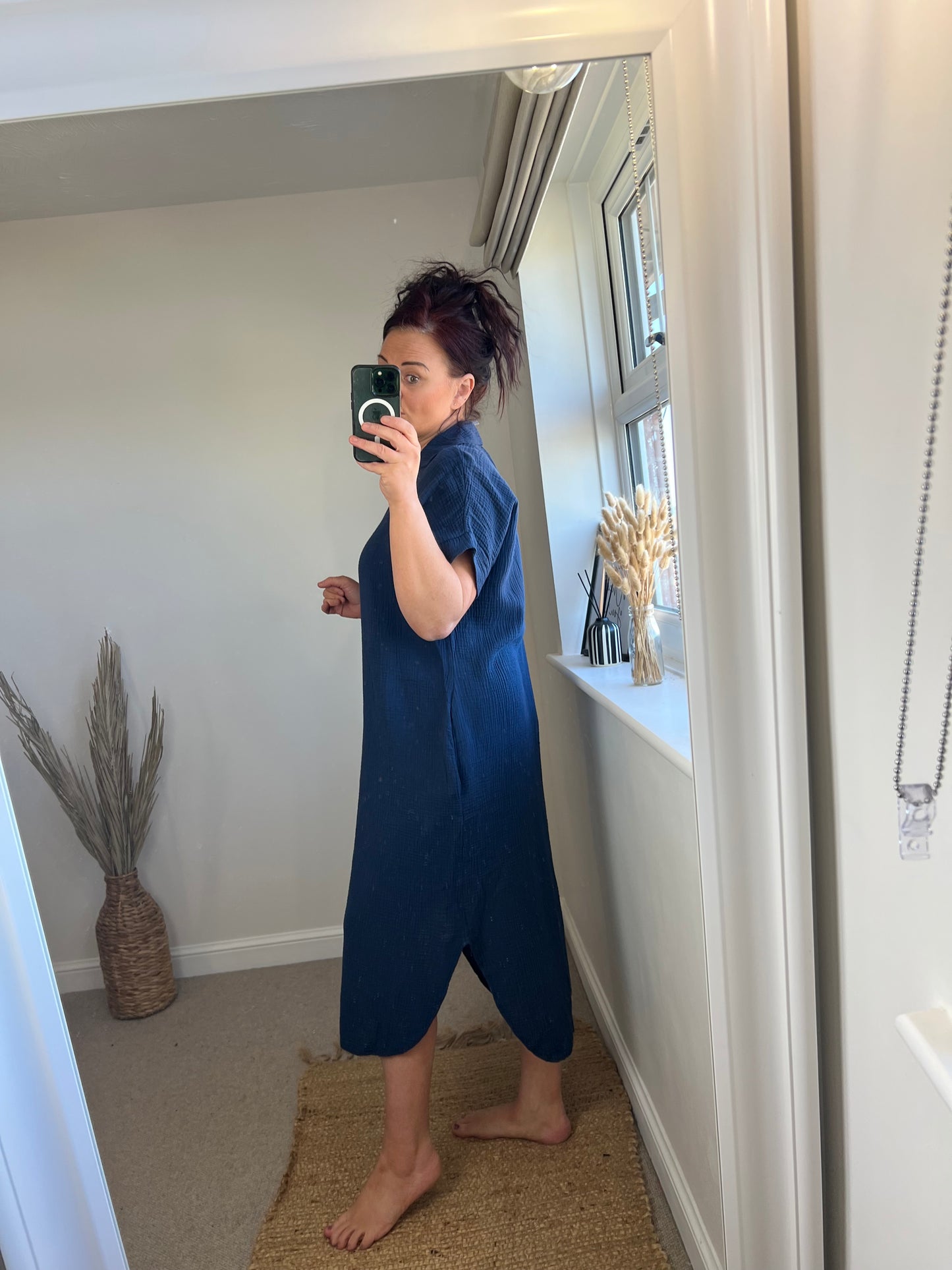 Crinkle Cotton Tunic Dress - Navy