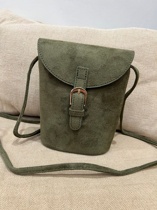 Faux Suede Bucket Crossbody Bag - Khaki
