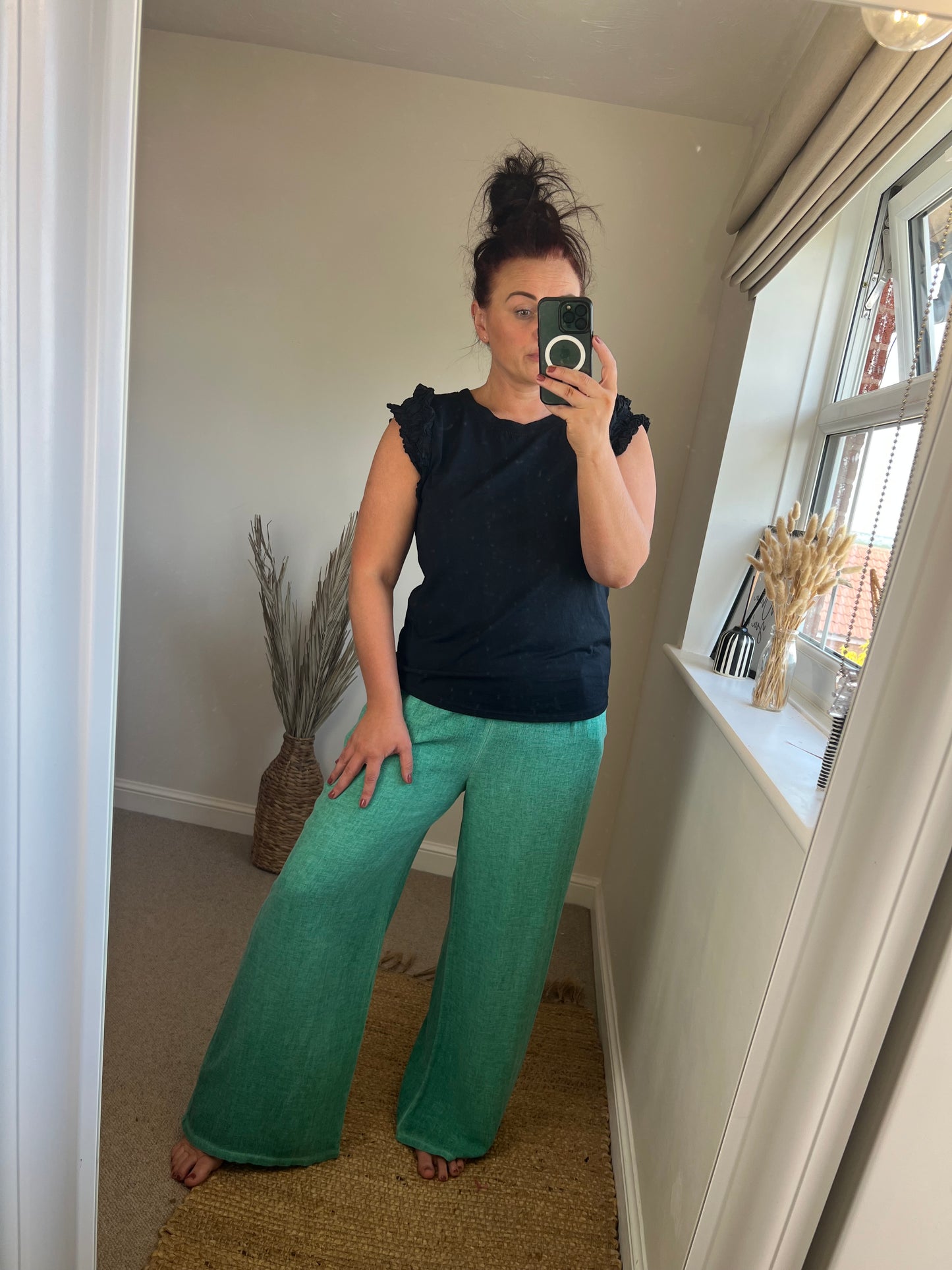 Wide Leg Linen Trousers - Aqua