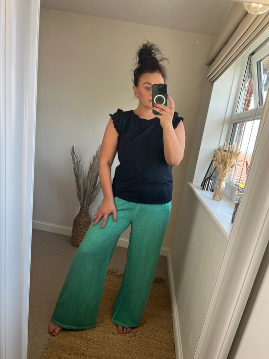 Wide Leg Linen Mix Trousers - Aqua