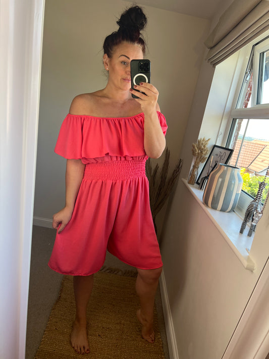Shirred Waist Playsuit - Coral