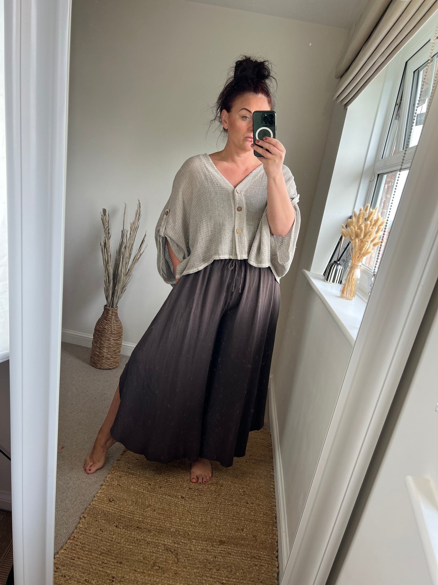 Linen Mix Floaty Trousers - Chocolate