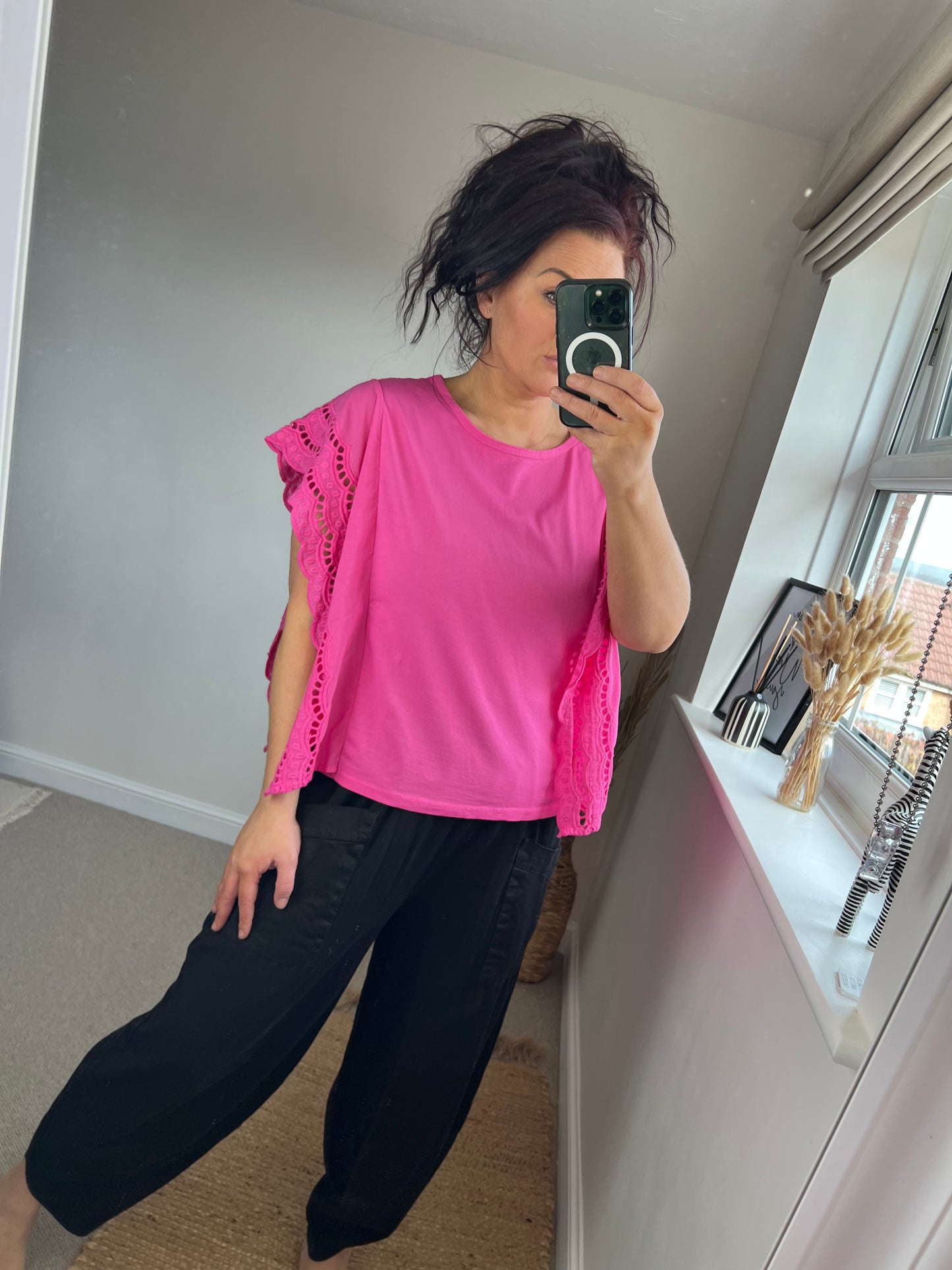 Broderie Anglaise Frill Sleeve T-Shirt - Cerise