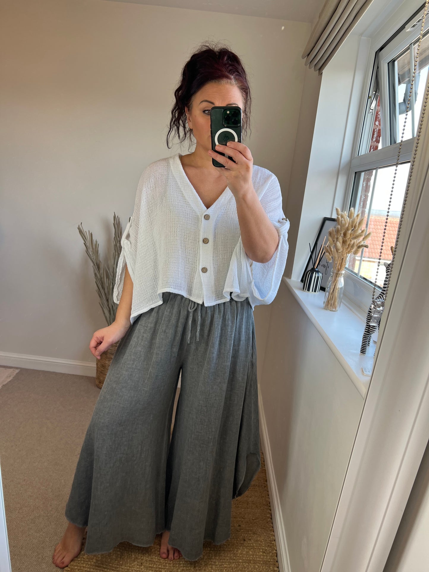 Waffle Button Top - White