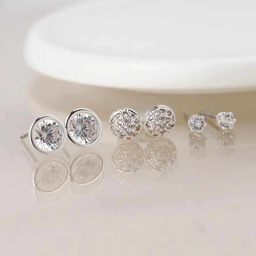 Peace of Mind - Set of 3 Silver Plated Crystal Stud Earrings