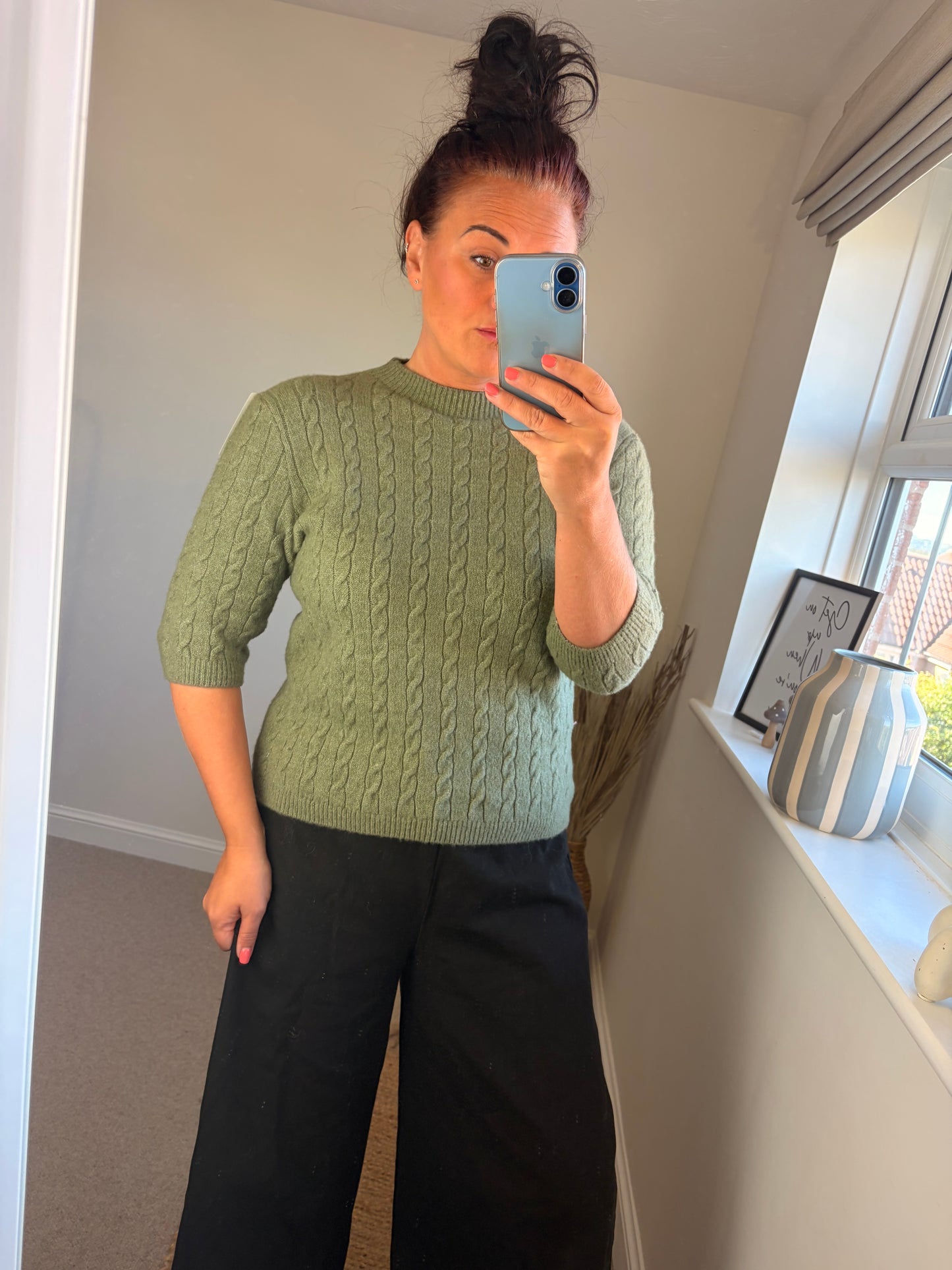 Cable Knit Short Sleeve Jumper - Khaki