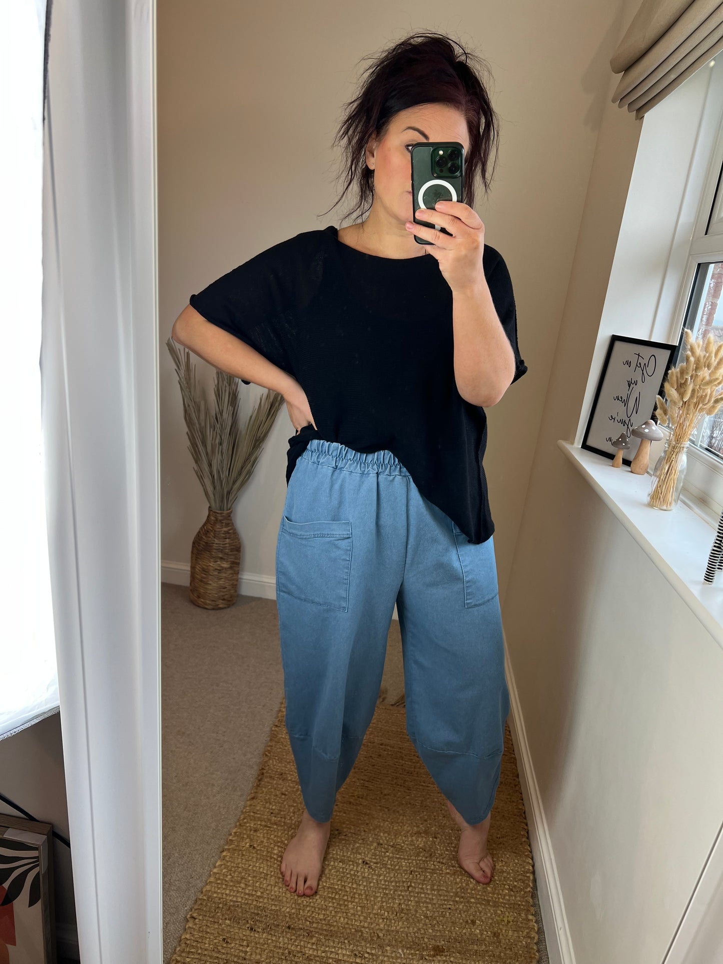 Barrel Leg Stretchy Denim Trousers - Light