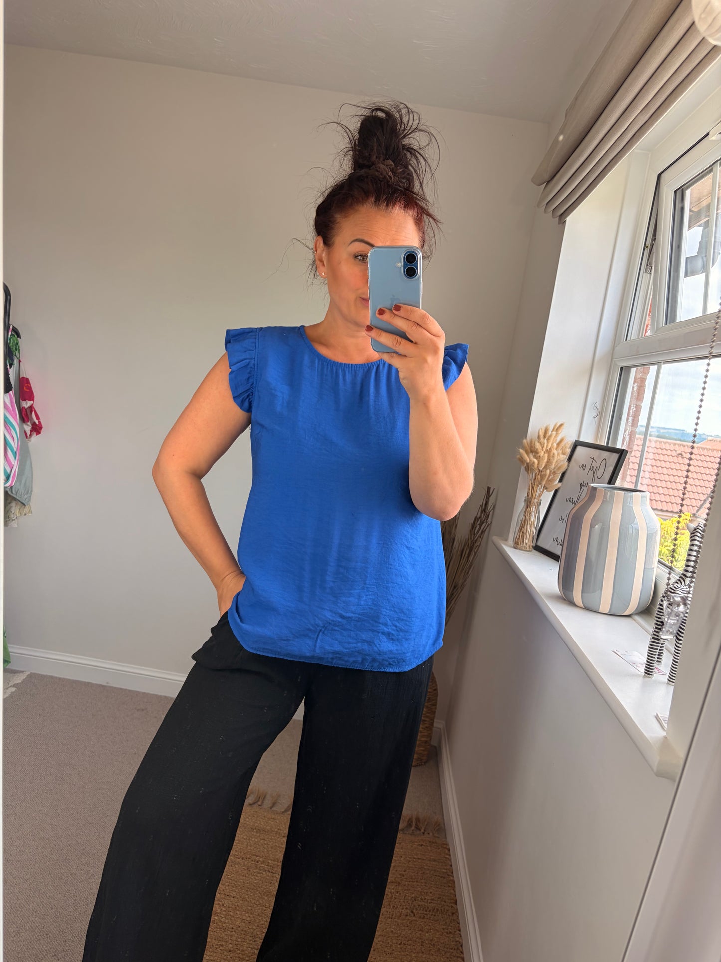 Button Back Frill Sleeve Top - Cobalt