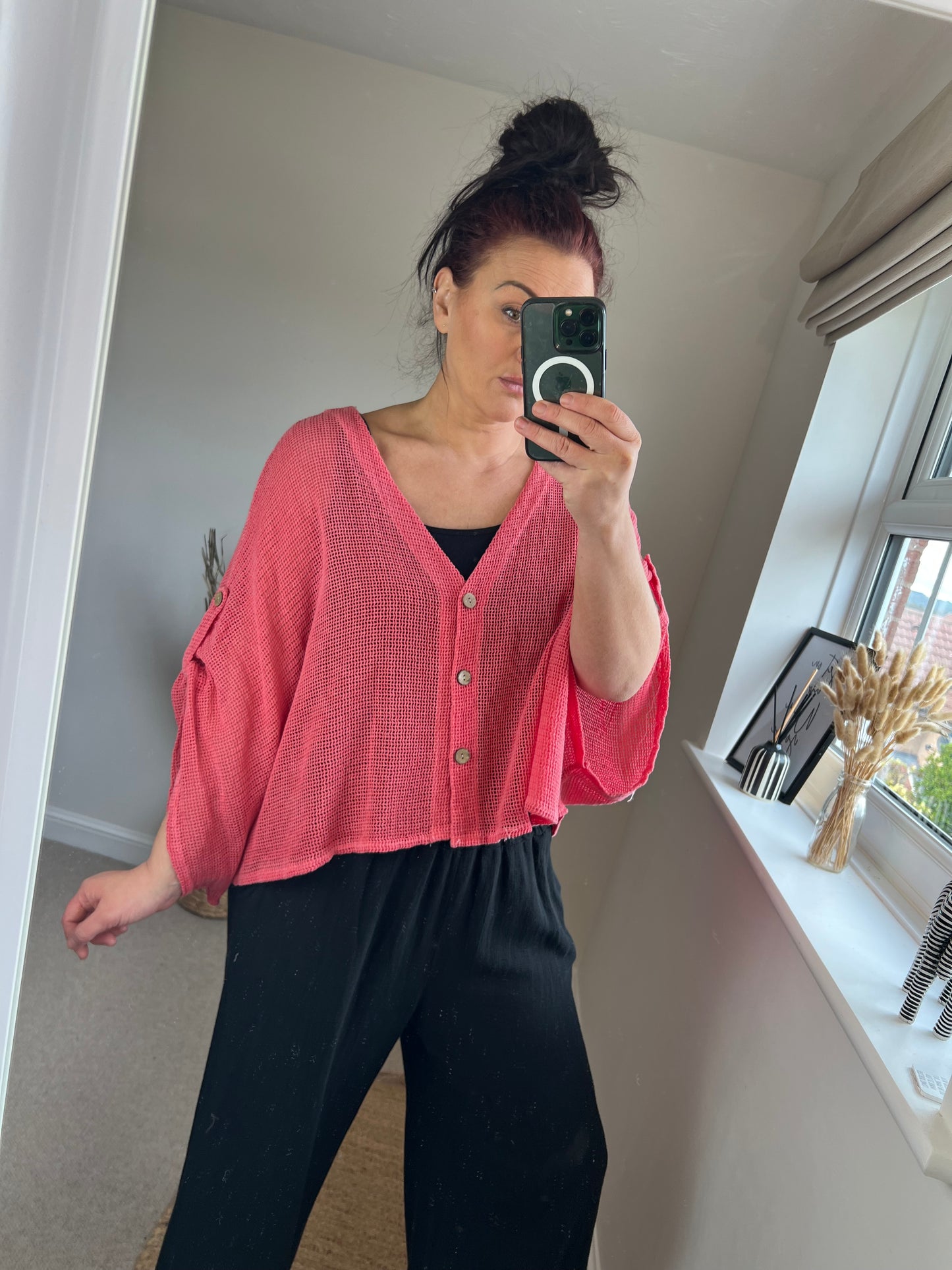 Waffle Button Top - Rose
