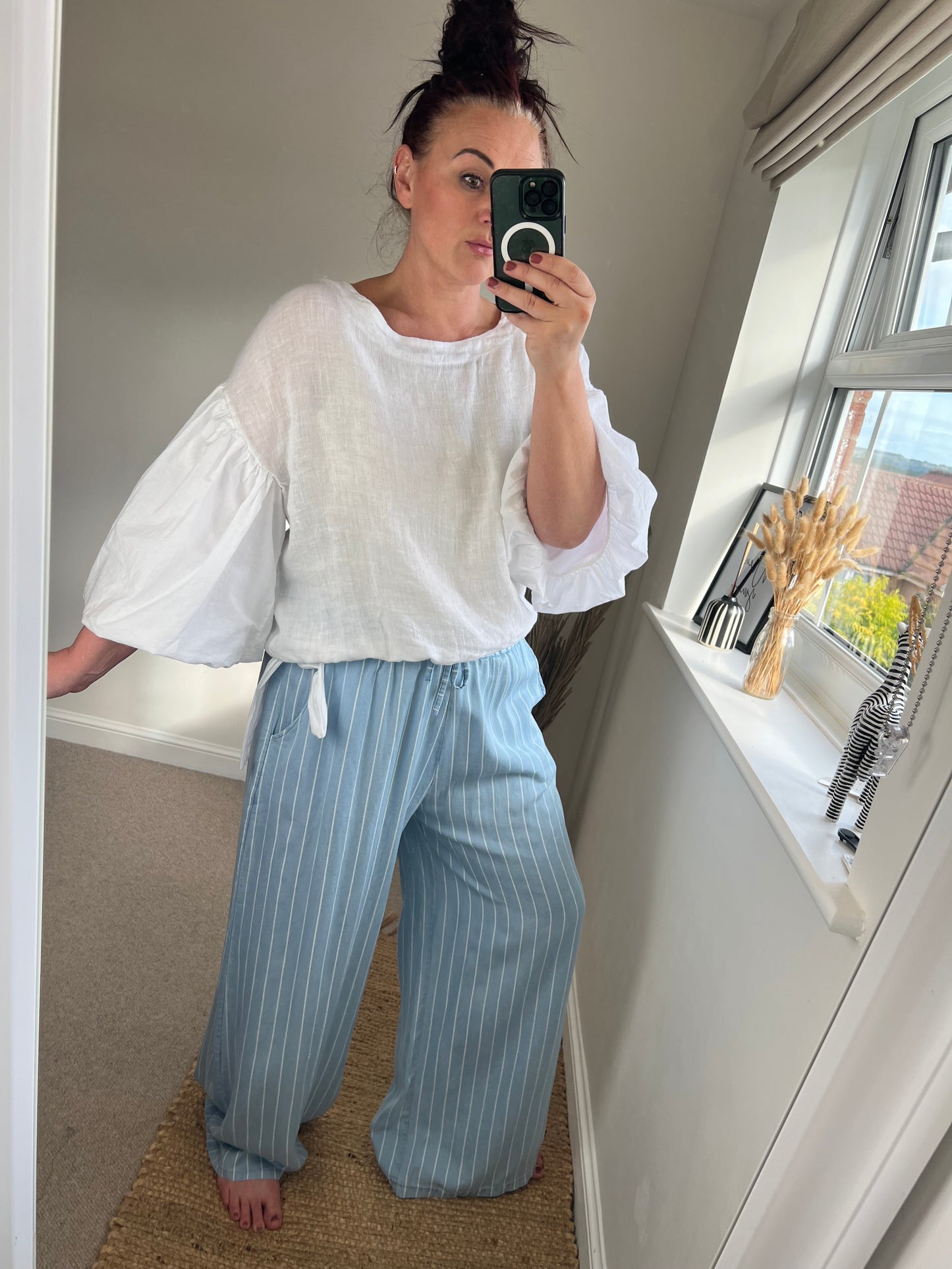 Linen Balloon Sleeve Top - White