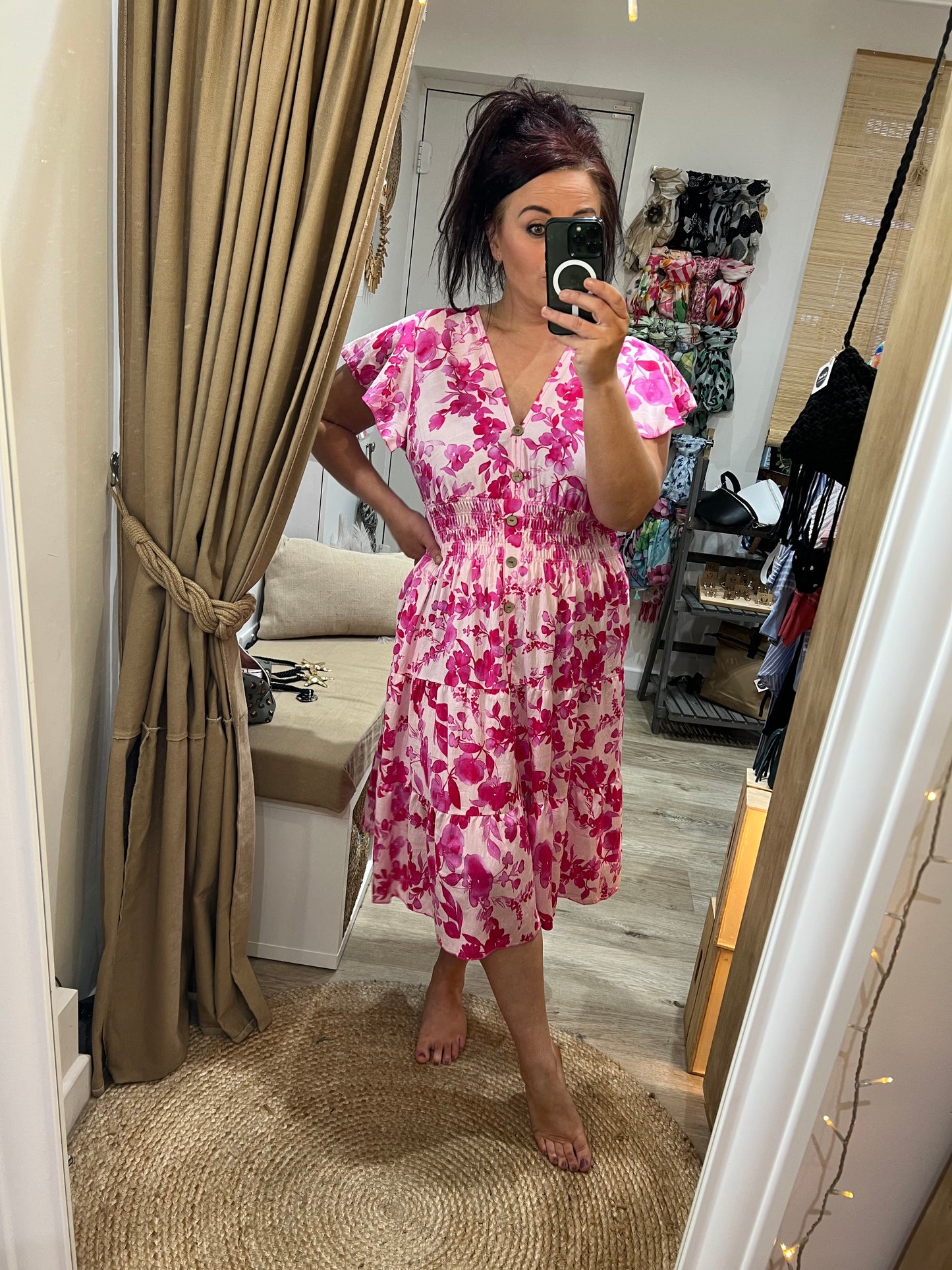 LOTTIE Midi Button Dress with Pockets - Cerise