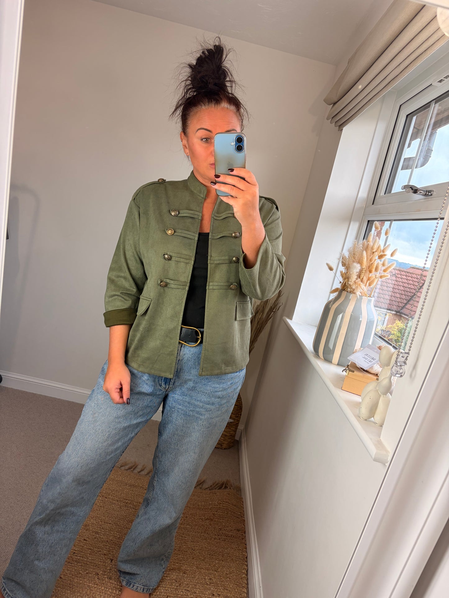 Faux Suede Military Jacket - Khaki