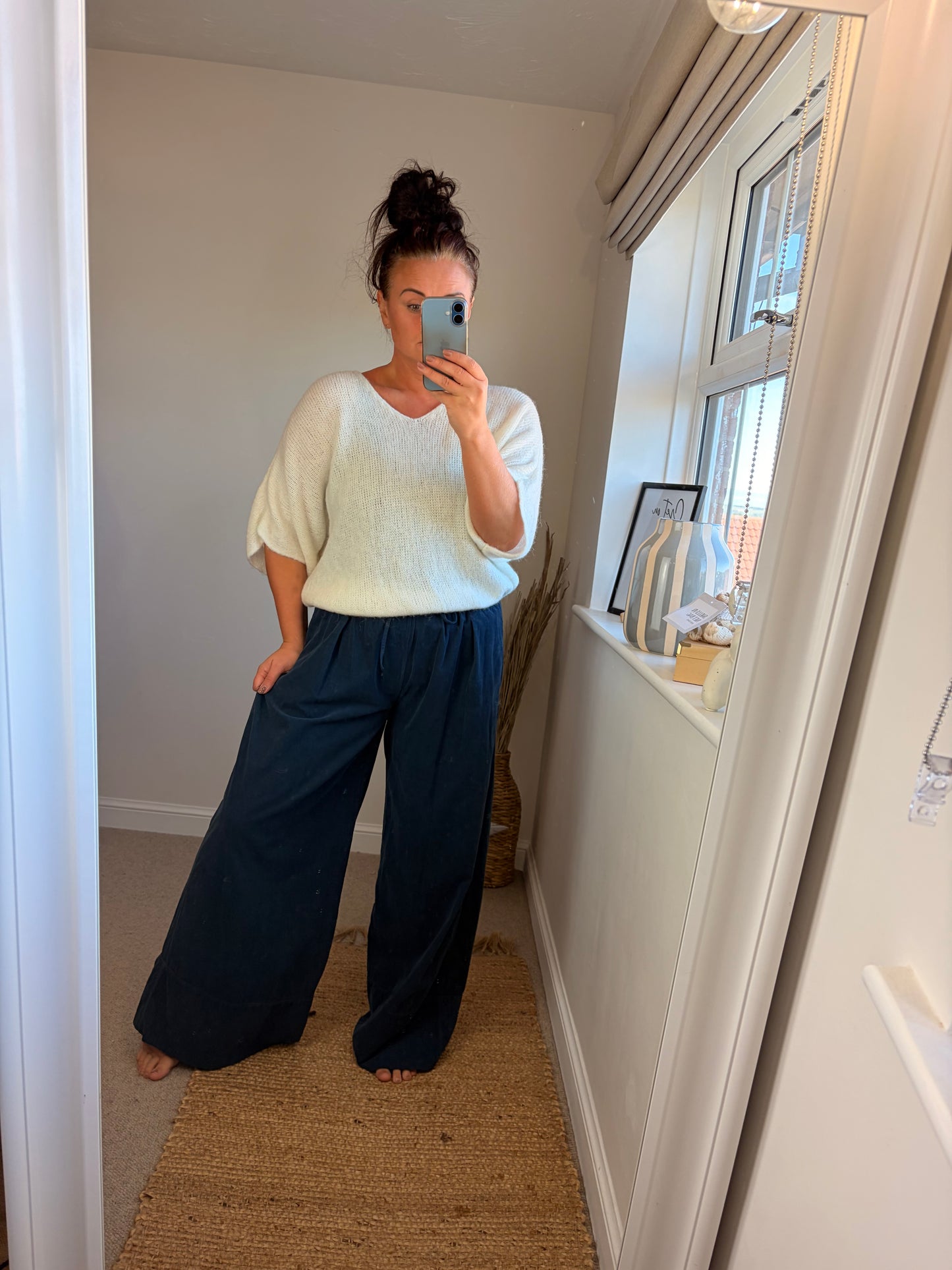 Needle Cord Panel Wide Leg Trousers - Blue