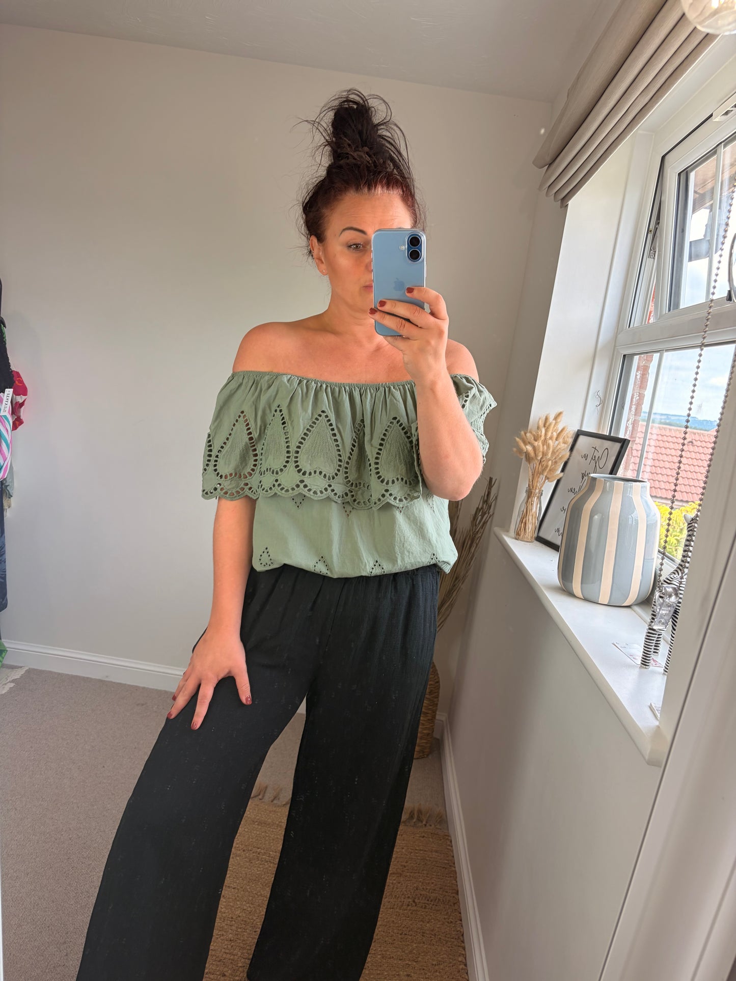 Broderie Anglaise Bardot Top - Khaki