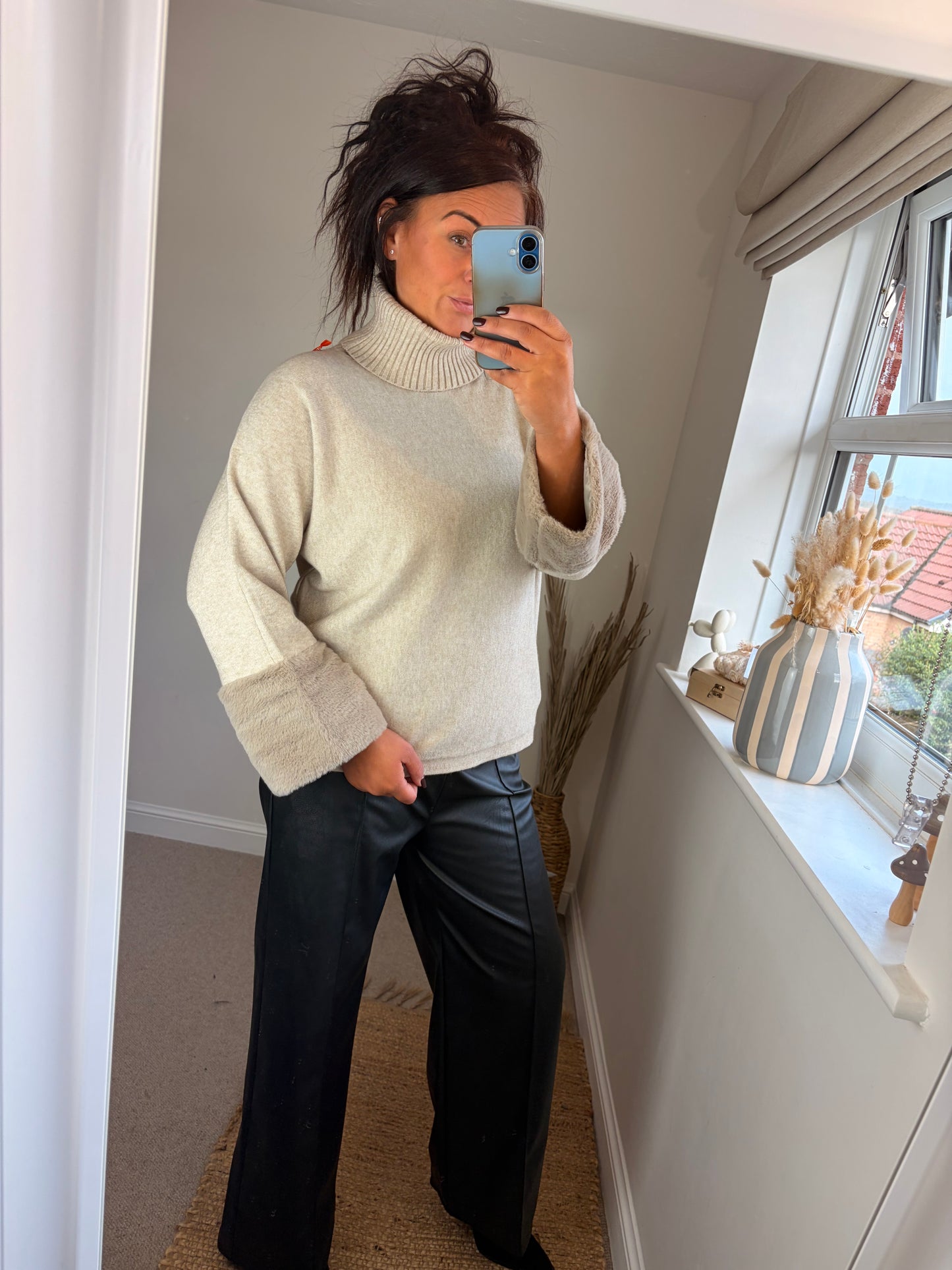 Faux Fur Cuffed Jumper - Cream