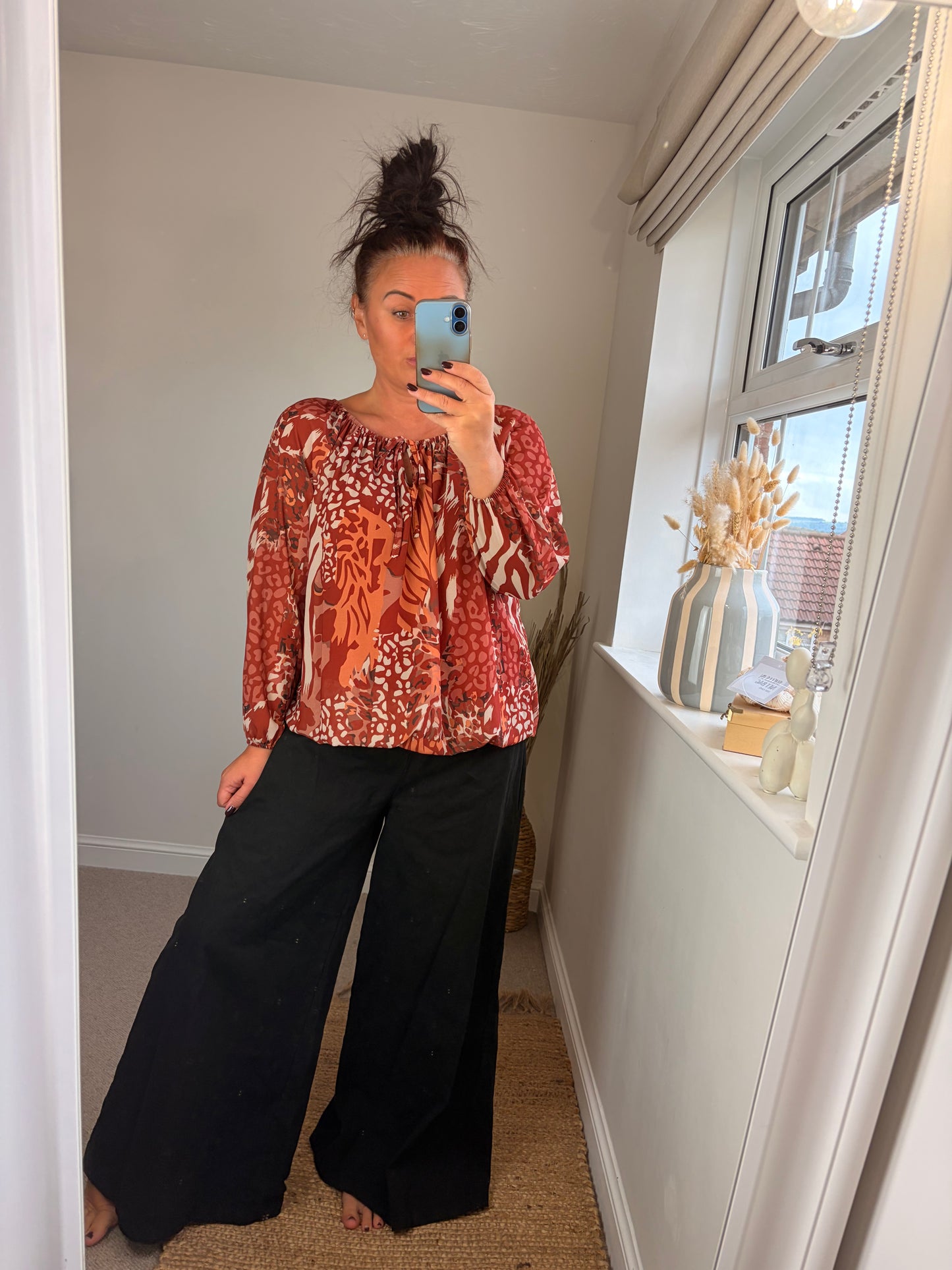 Bubble Hem Animal Print Top - Rust