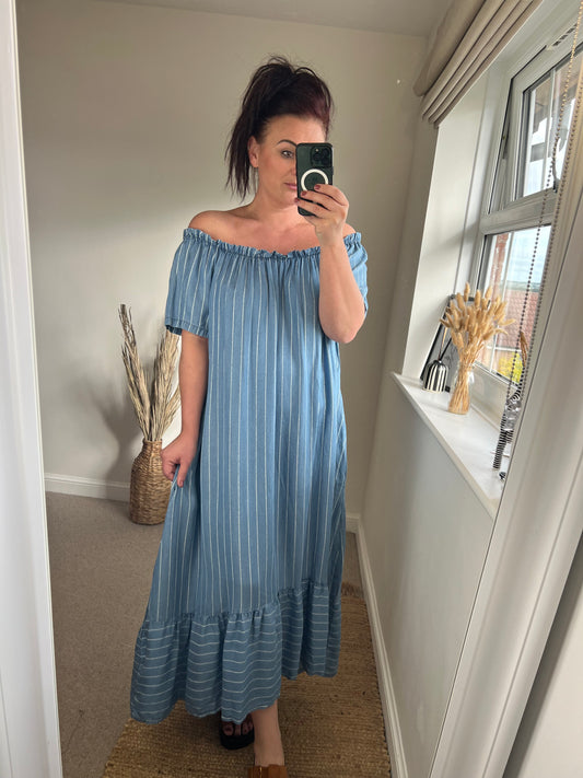 Denim Stripe Bardot Dress