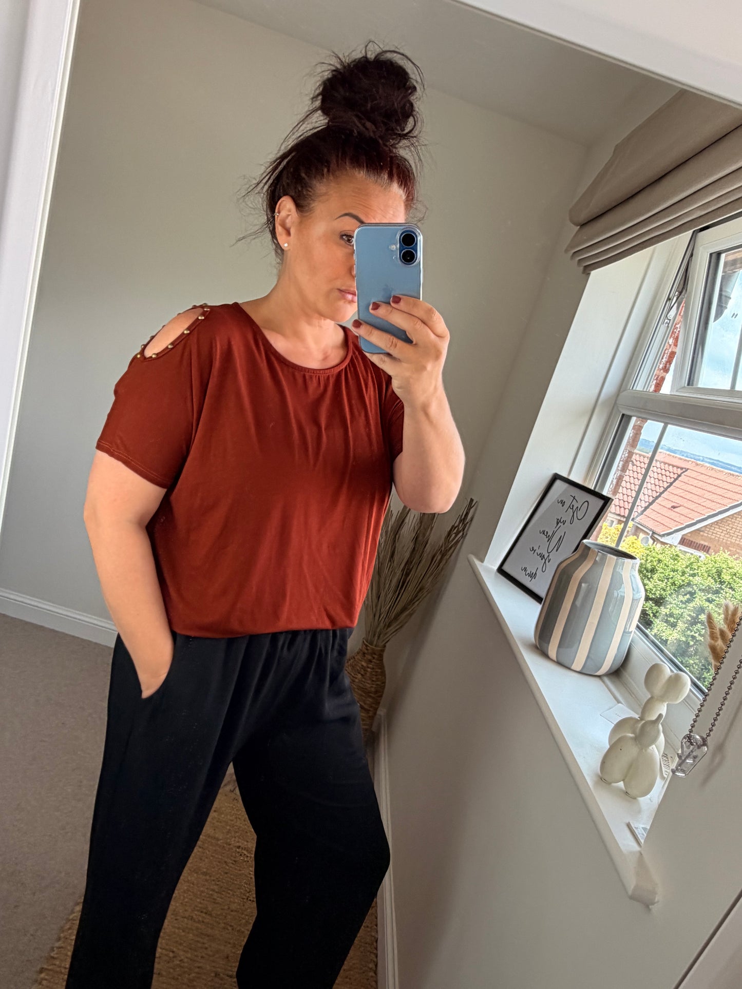 Cold Shoulder Studded Top - Rust