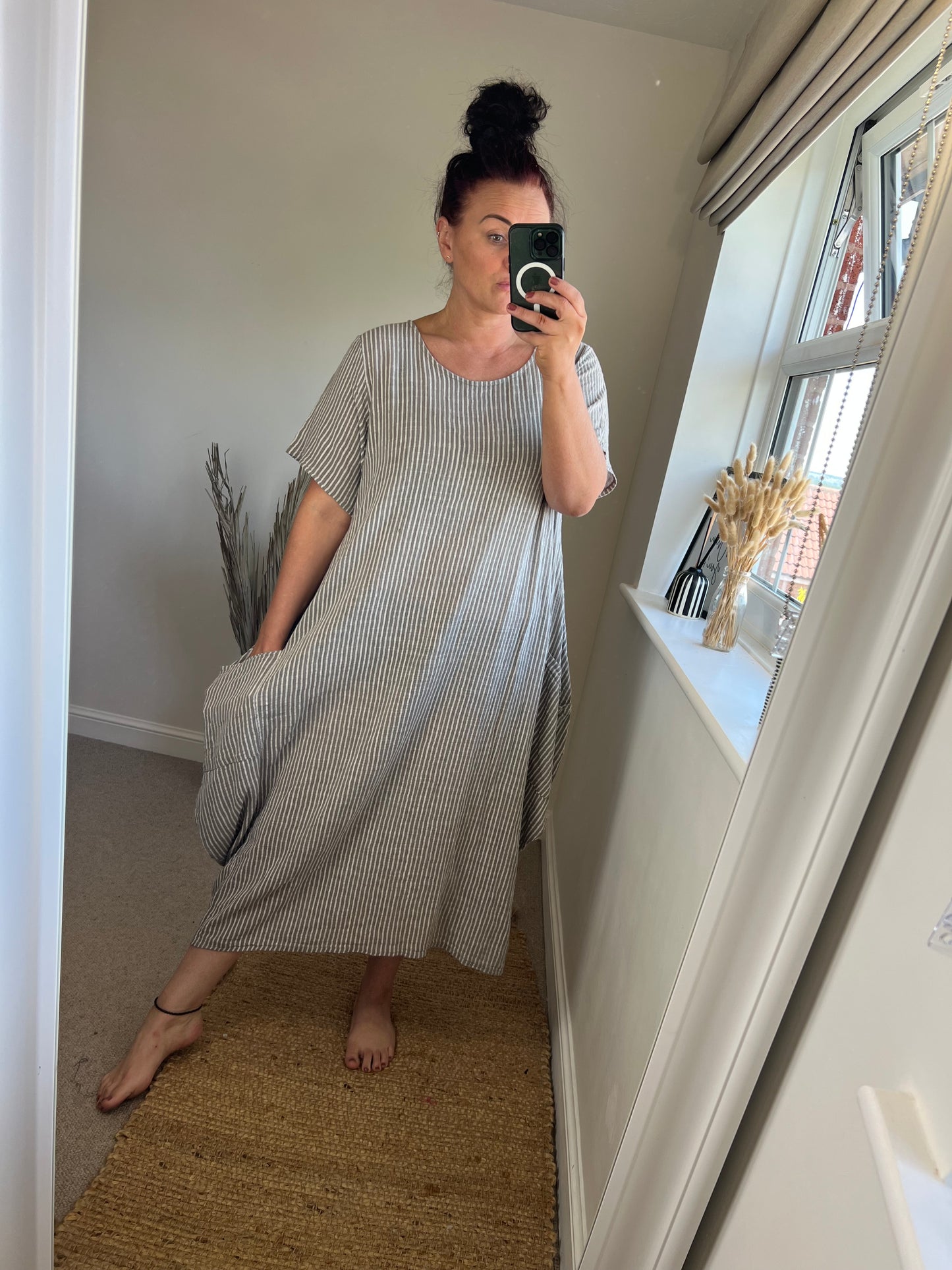 Cotton Stripe Cocoon Dress - Taupe