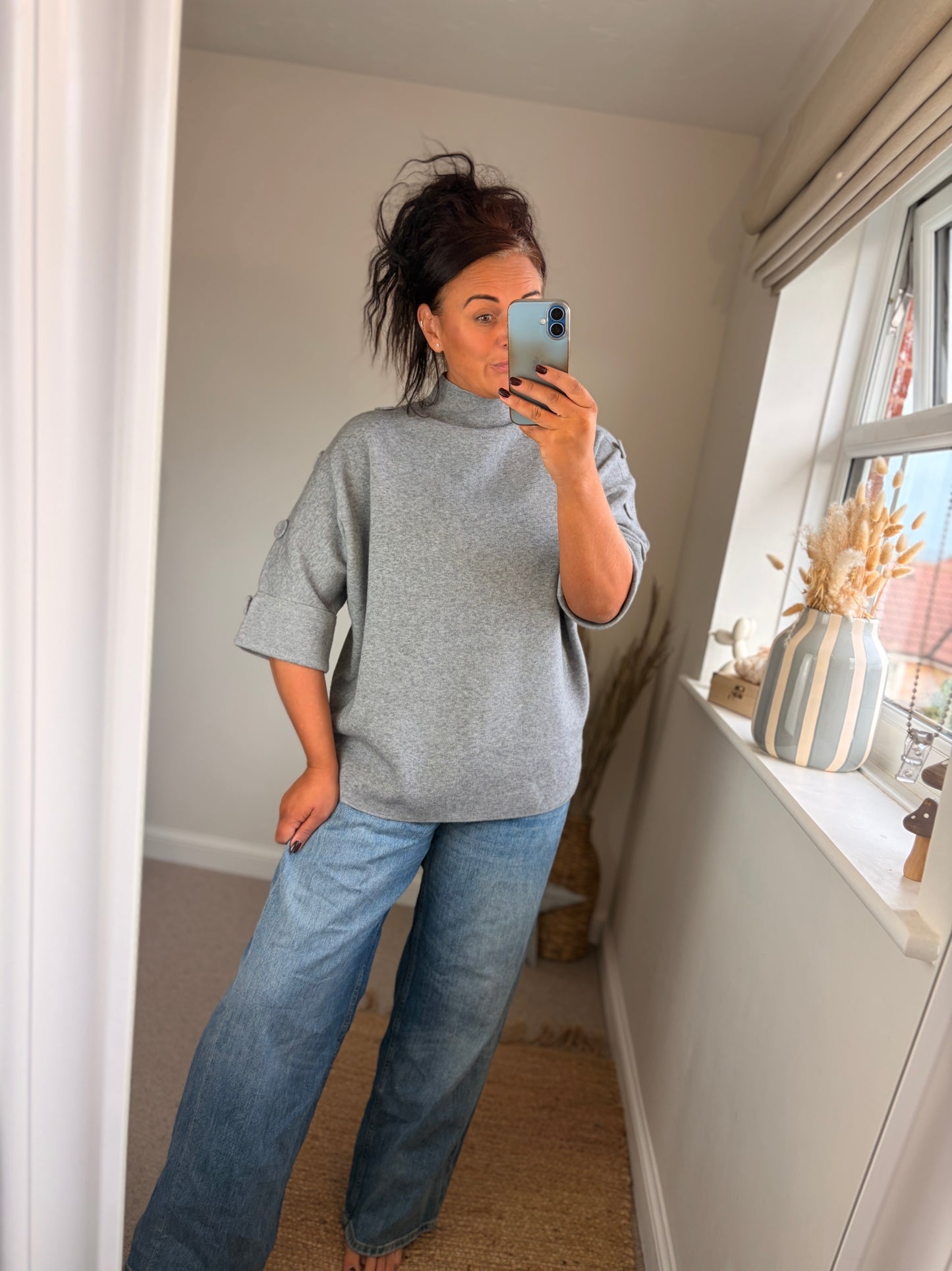 Button Sleeve Funnel Neck Jumper - Grey