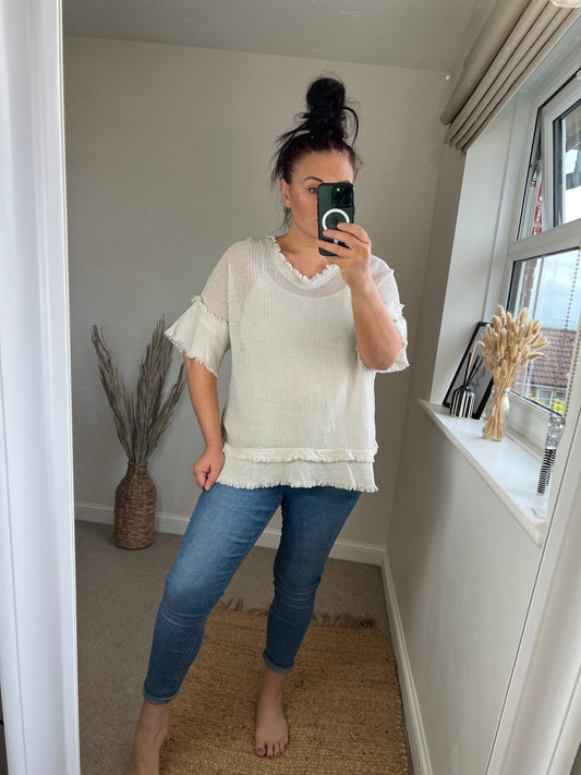 Raw Edge Mesh Top - Beige