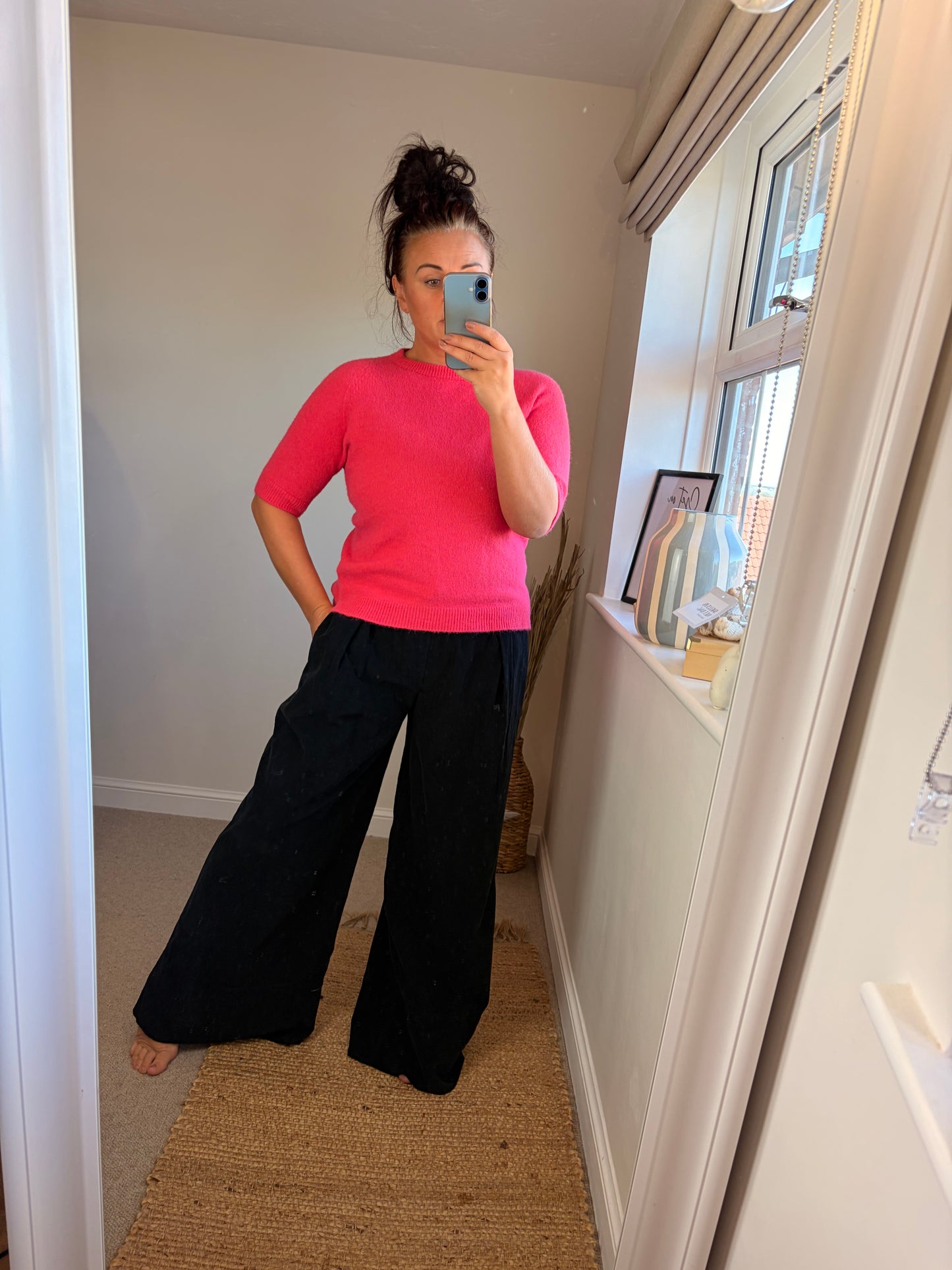 Needle Cord Panel Wide Leg Trousers - Black