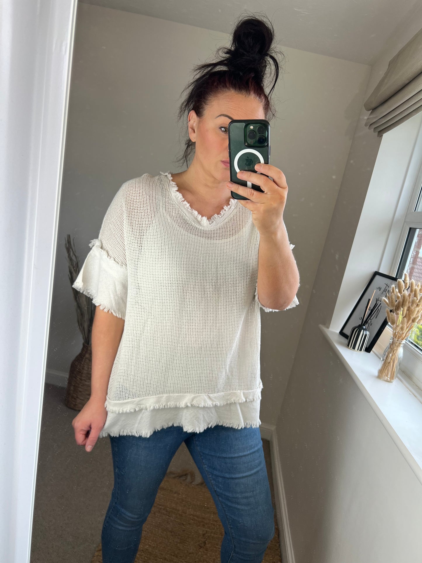 Raw Edge Mesh Top - Beige