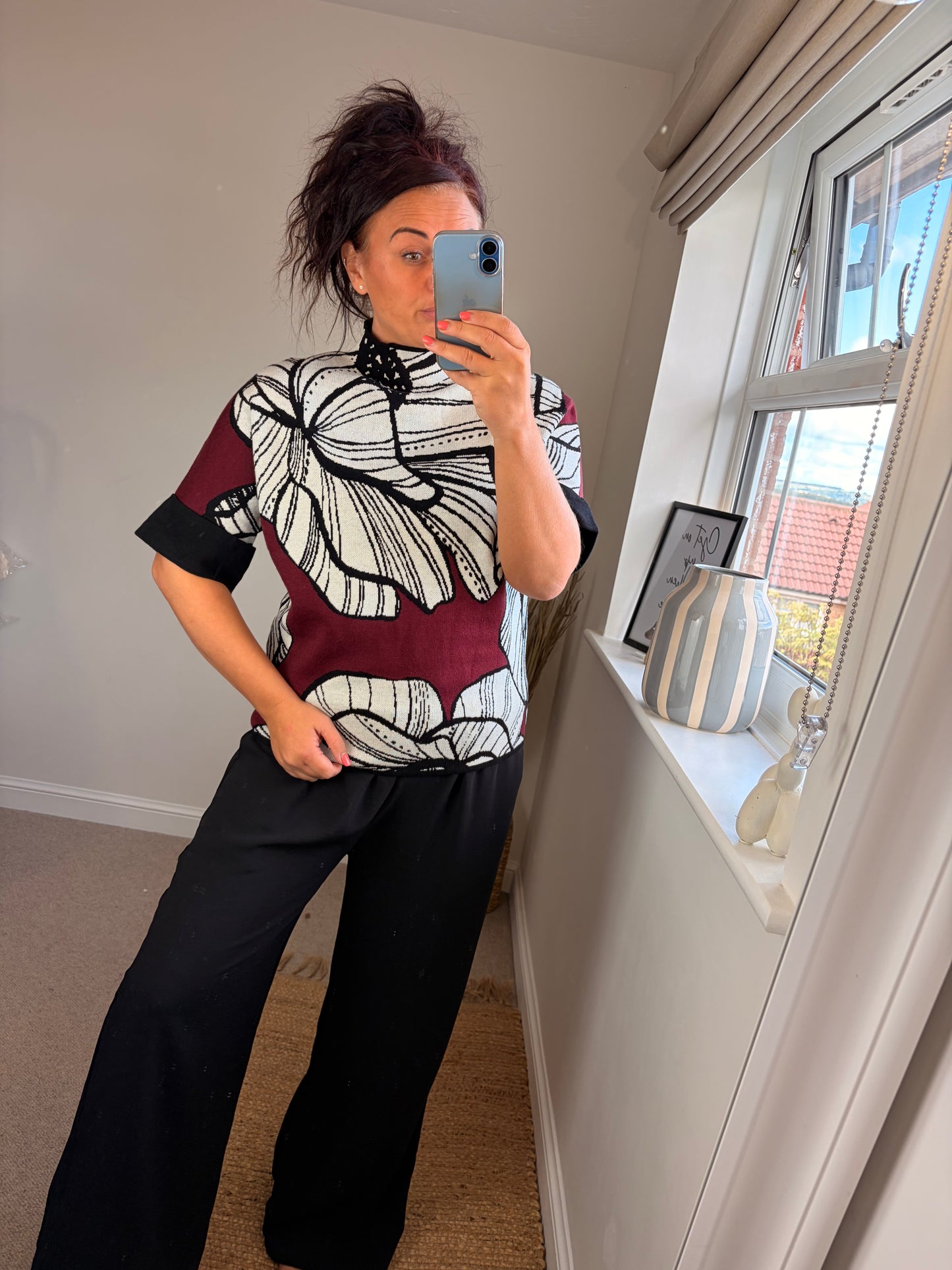 Funnel Neck Floral Jumper - Wine