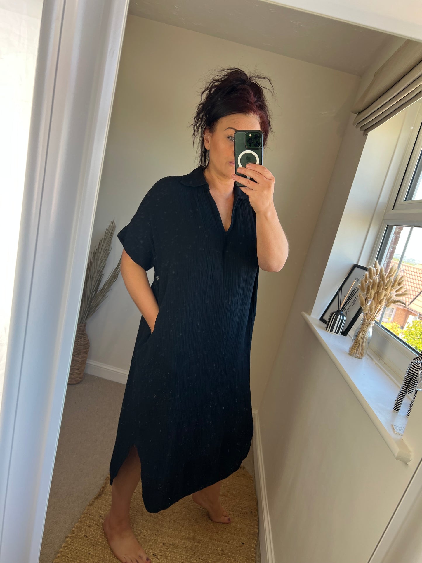 Crinkle Cotton Tunic Dress - Black