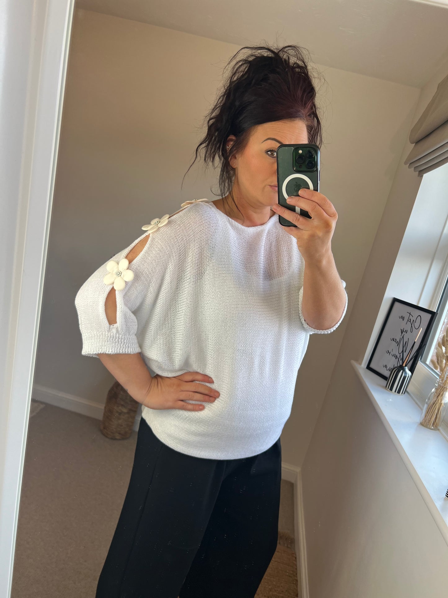 Flower Cold Shoulder Top - White