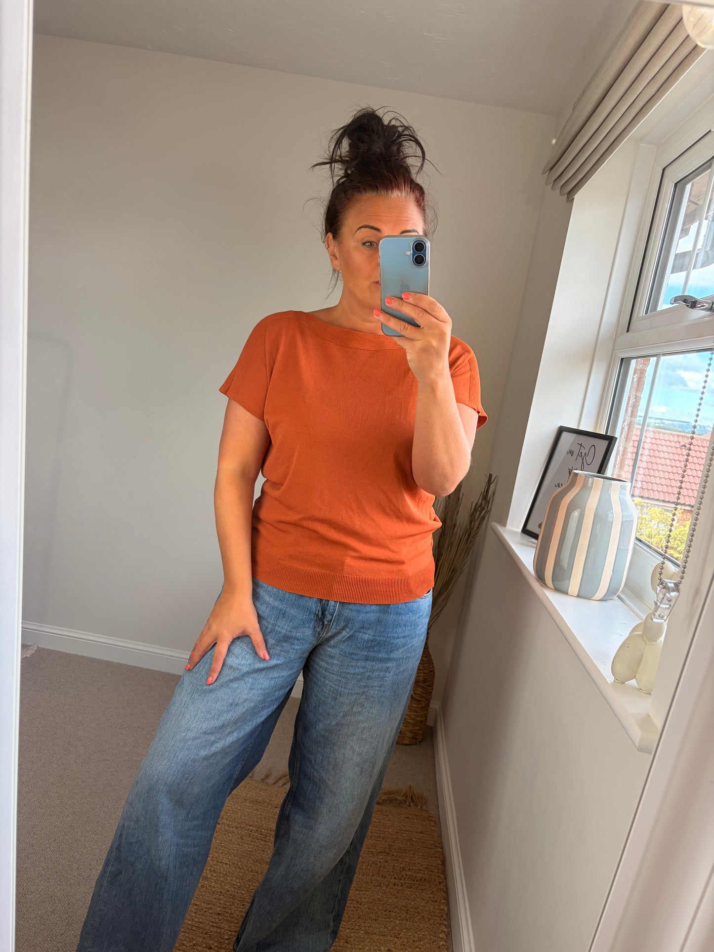 Fine Knit Slash Neck Top - Rust