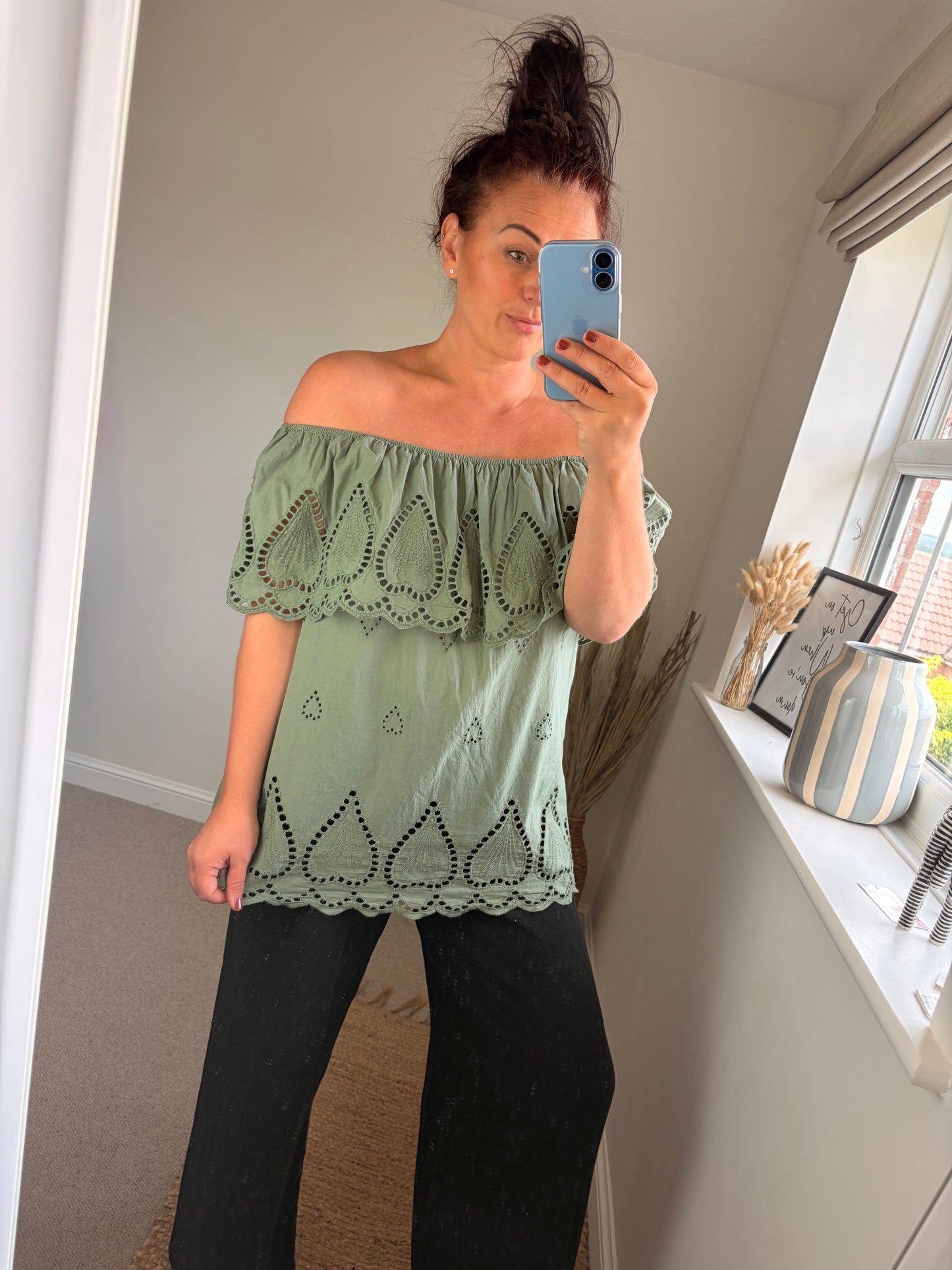 Broderie Anglaise Bardot Top - Khaki