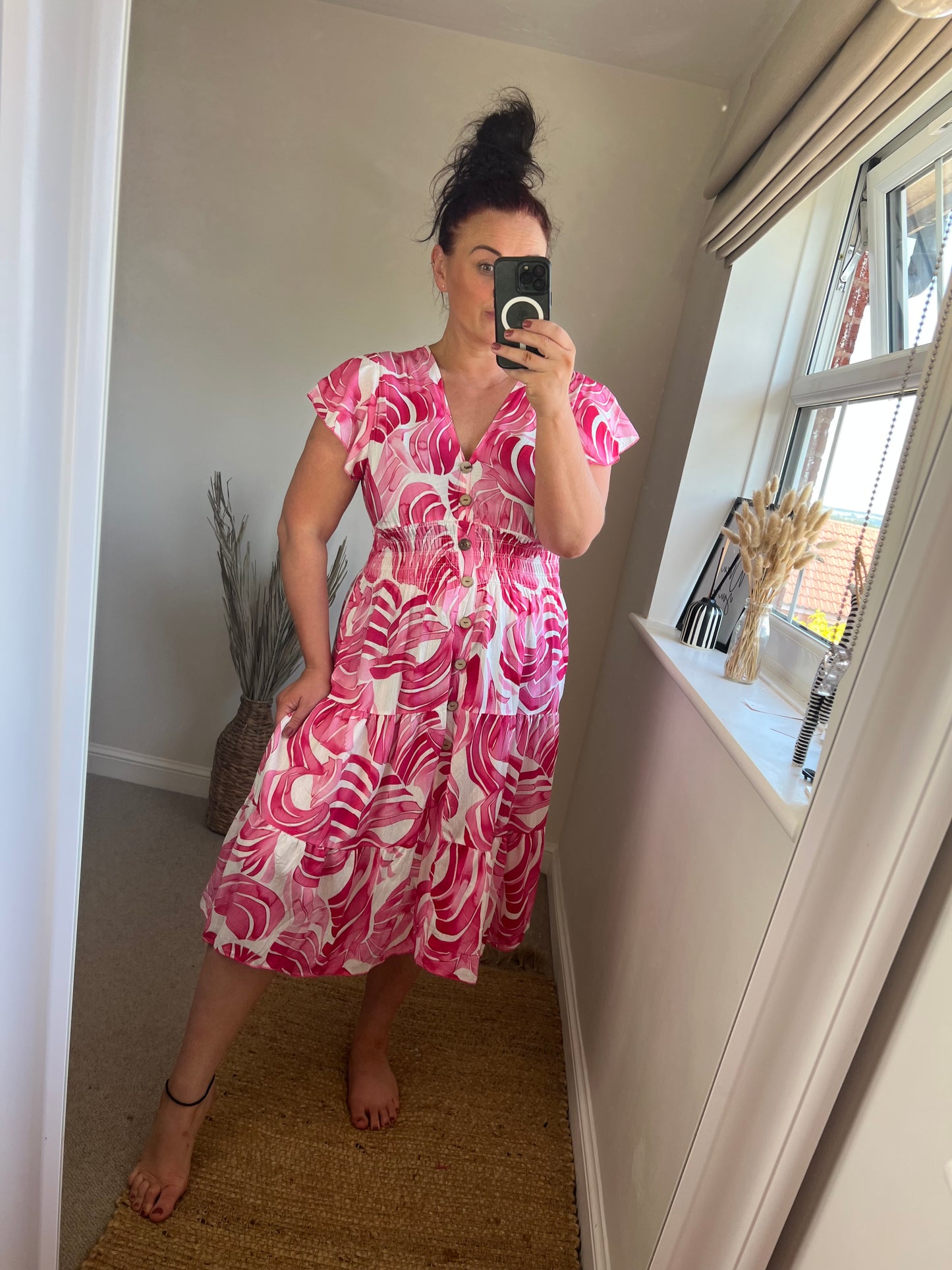 LOTTIE Midi Button Dress with Pockets - Cerise