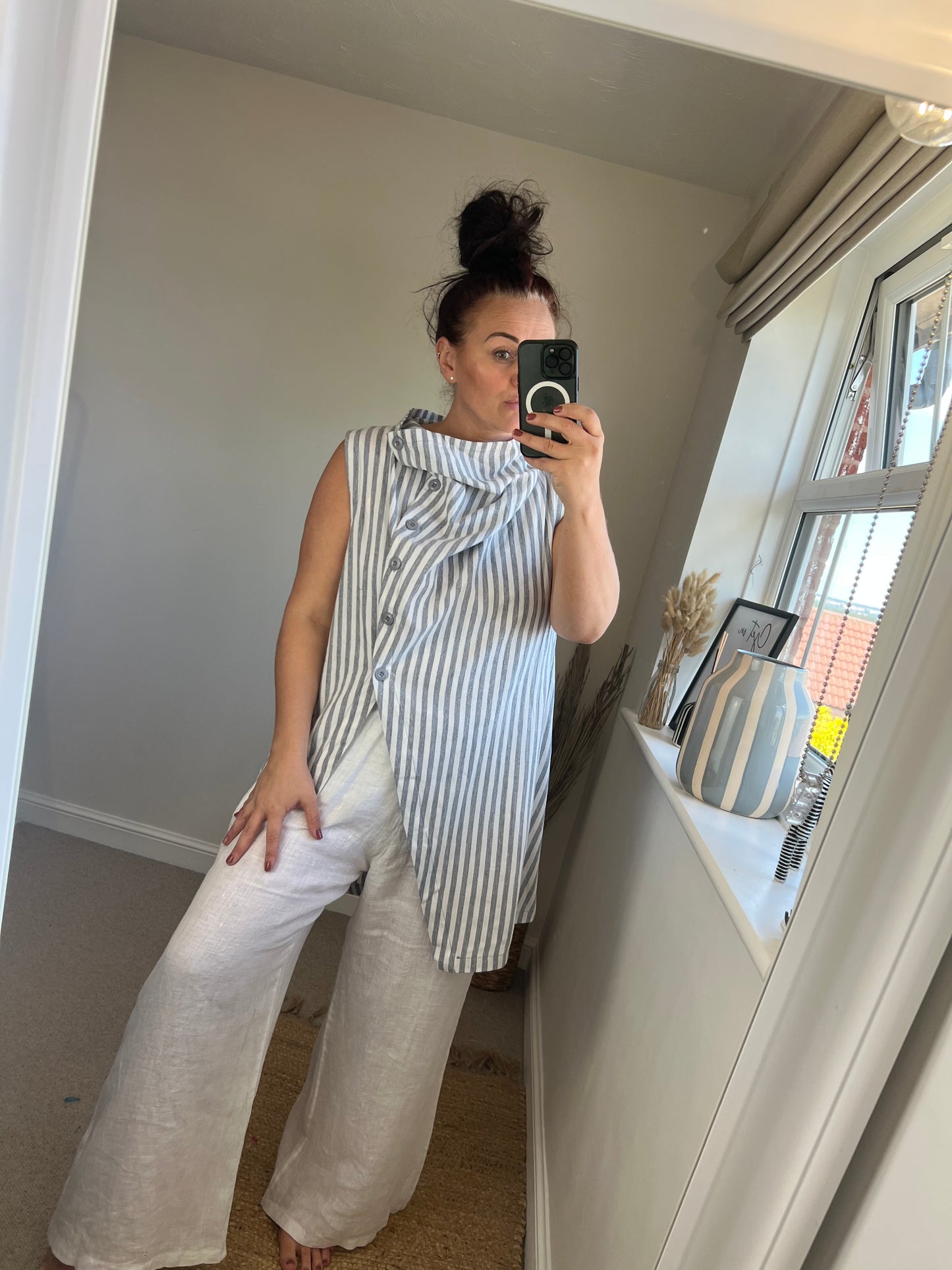 Premium Linen Long Waistcoat - Stripe Blue