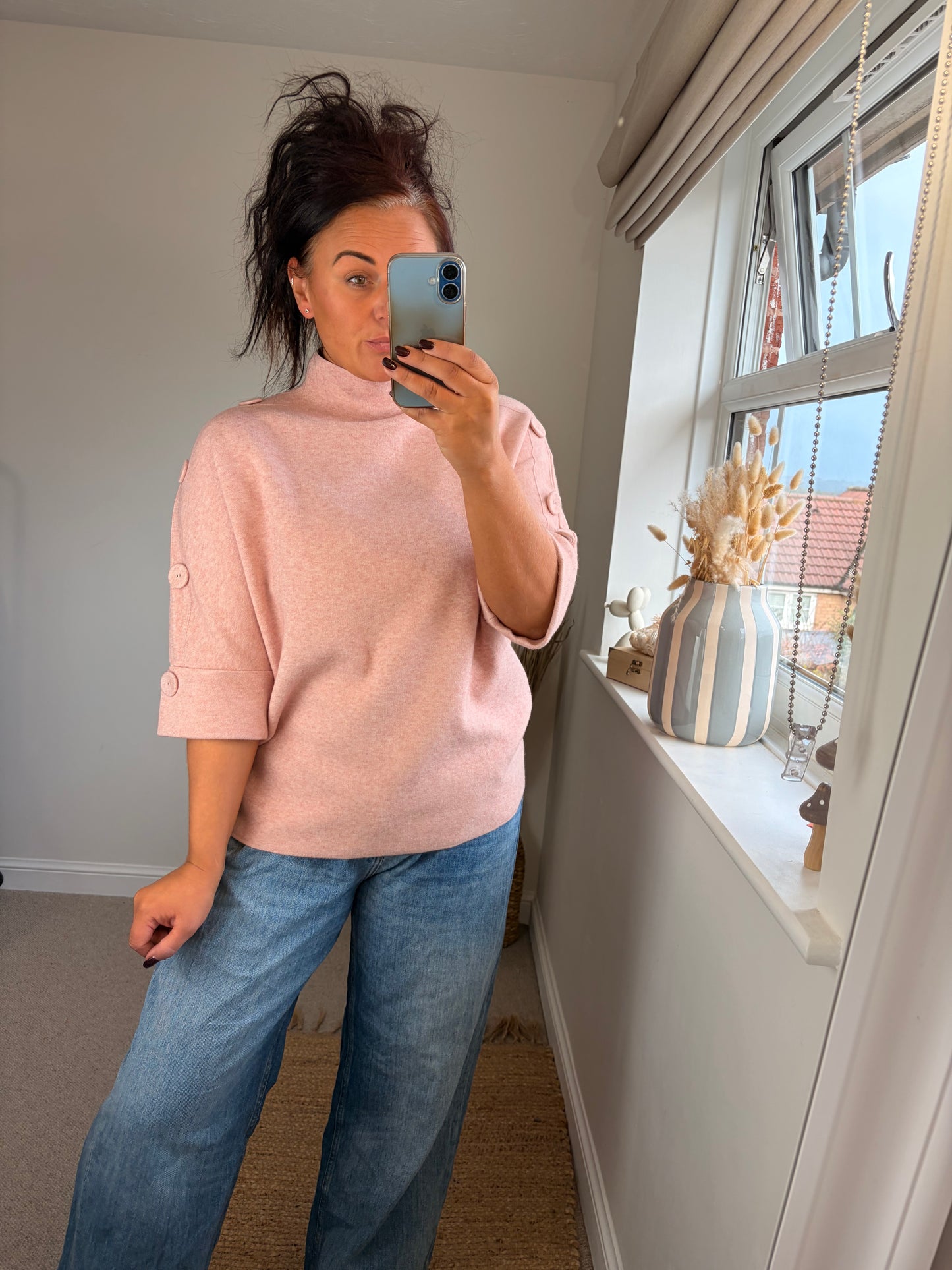 Button Sleeve Funnel Neck Jumper - Pink
